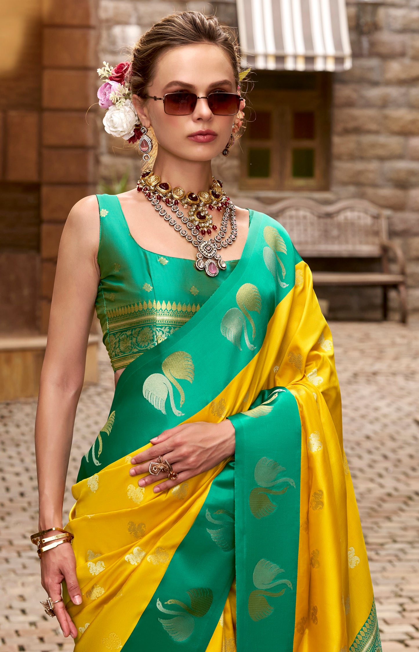 Yellow Satin Silk Readymade/Easy Saree