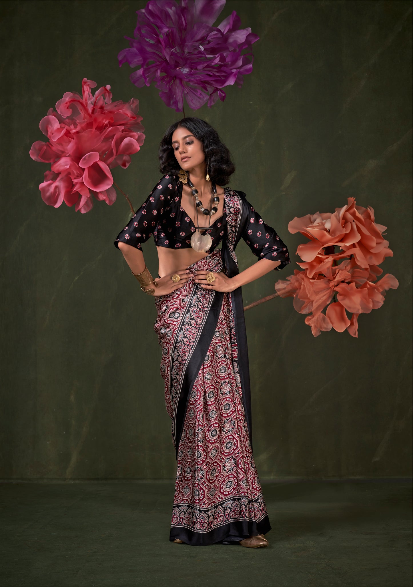 Black Crepe Calm – Readymade Ajrakh Saree
