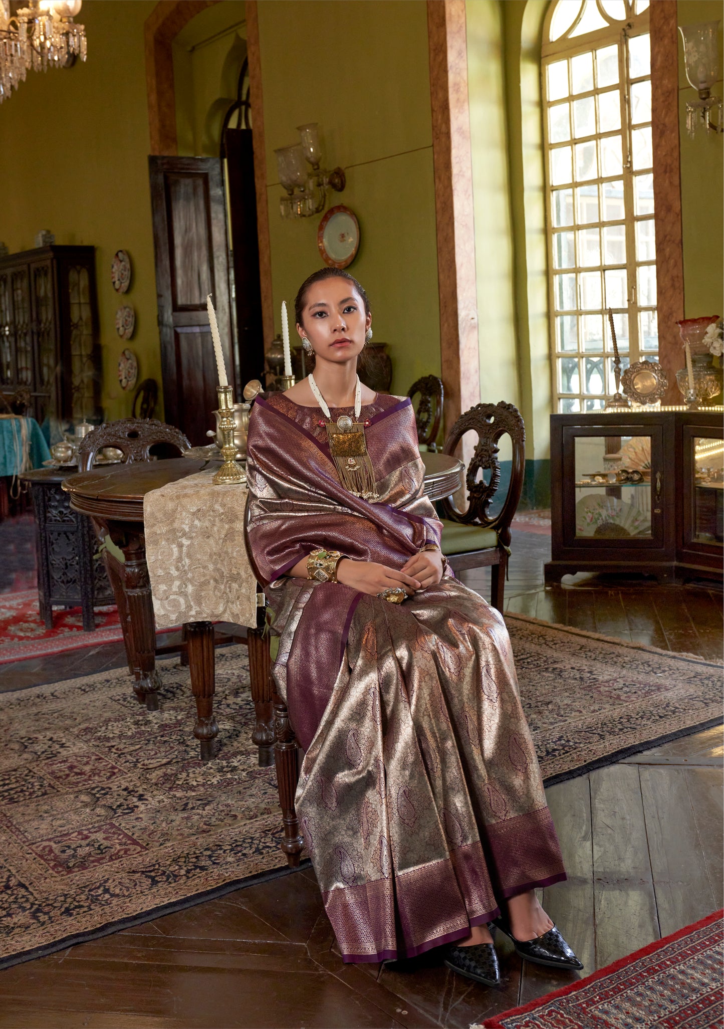 Wine Kanjivaram Silk Readymade/Easy Saree
