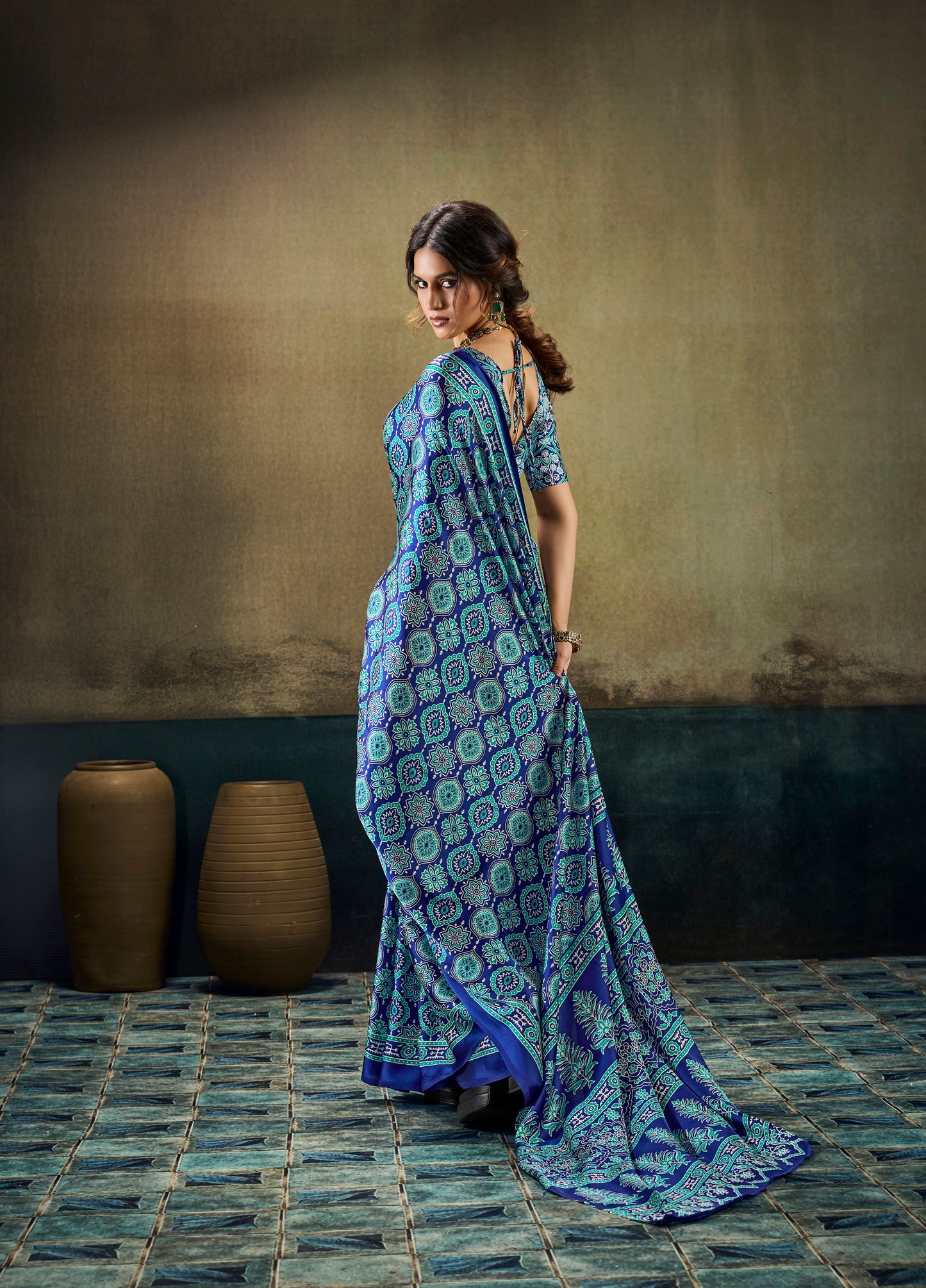 Turquoise Modal Silk Ready To Wear/Easy Saree by Stylebypanaash