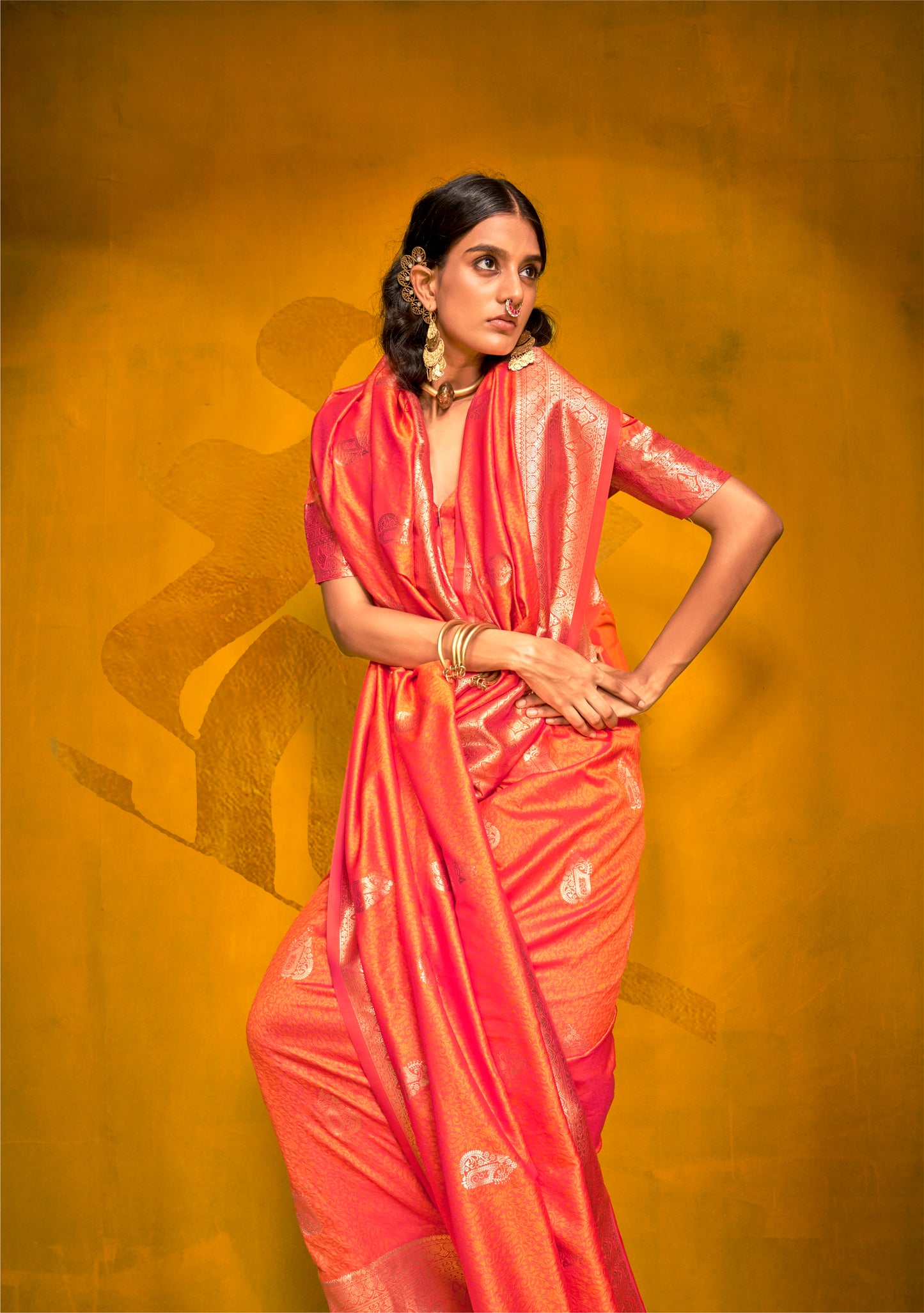 Orange Color Kanjivaram Silk Readymade/Easy Saree