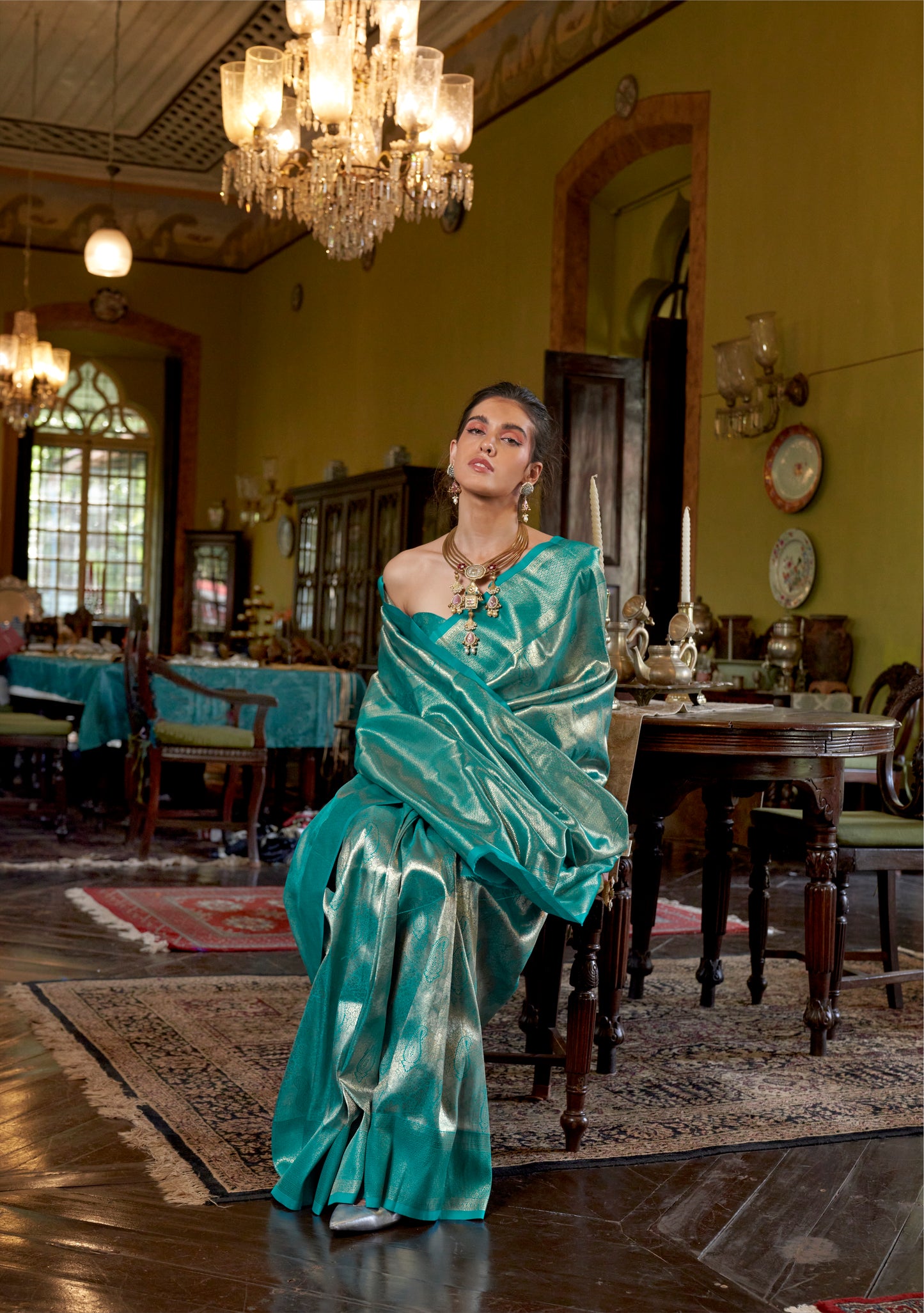 Turquoise Kanjivaram Silk Readymade/Easy Saree