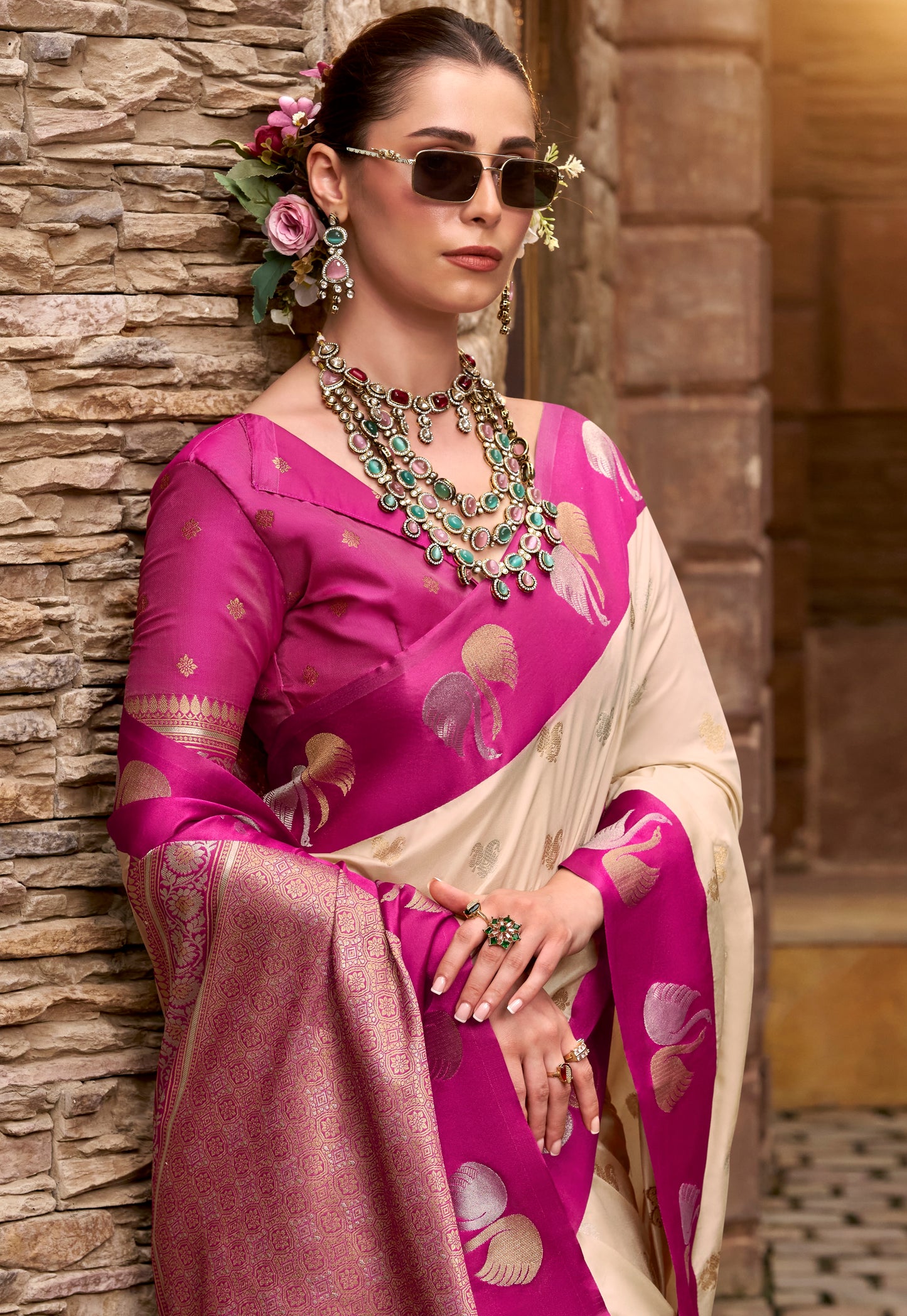 Off-White Satin Silk Readymade/Easy Saree