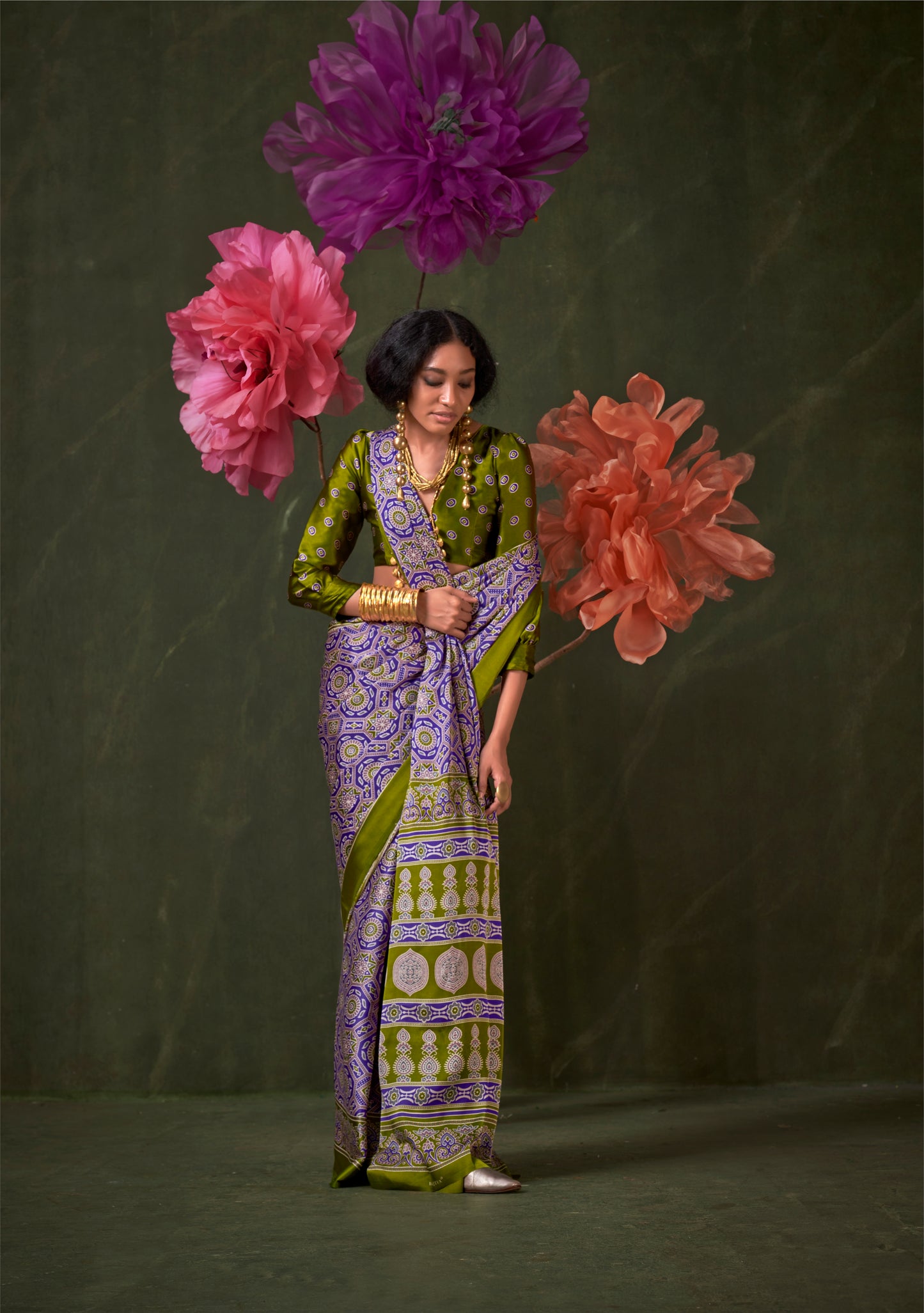 Purple & Green Crepe Calm – Readymade Ajrakh Saree