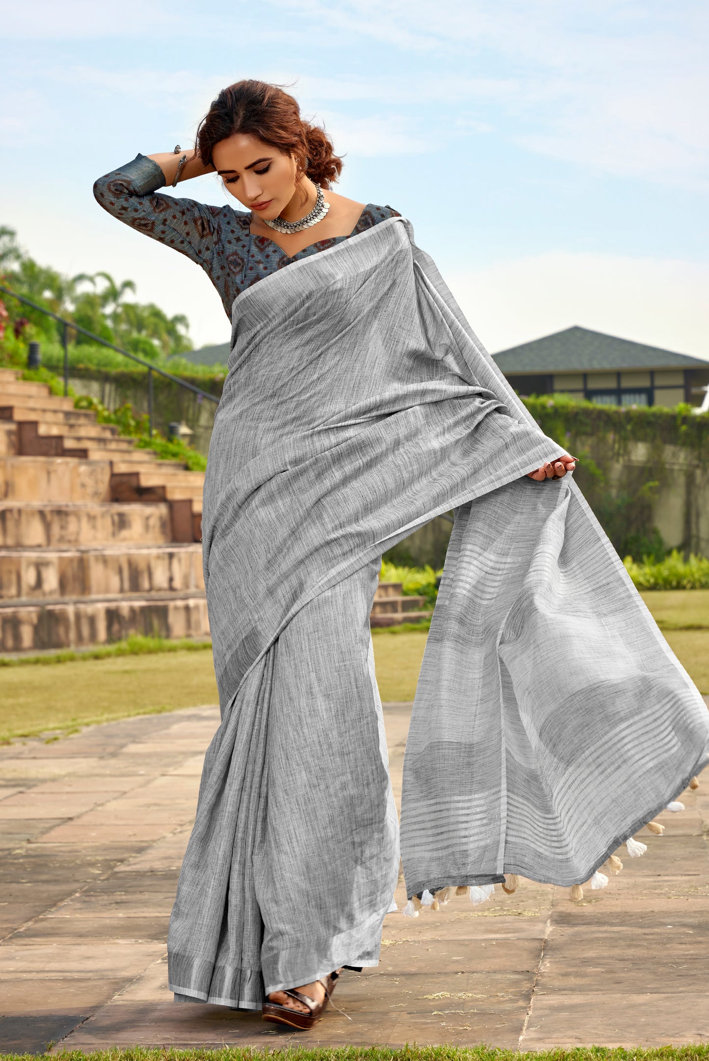 Grey Linen Office Wear Readymade/Easy Saree