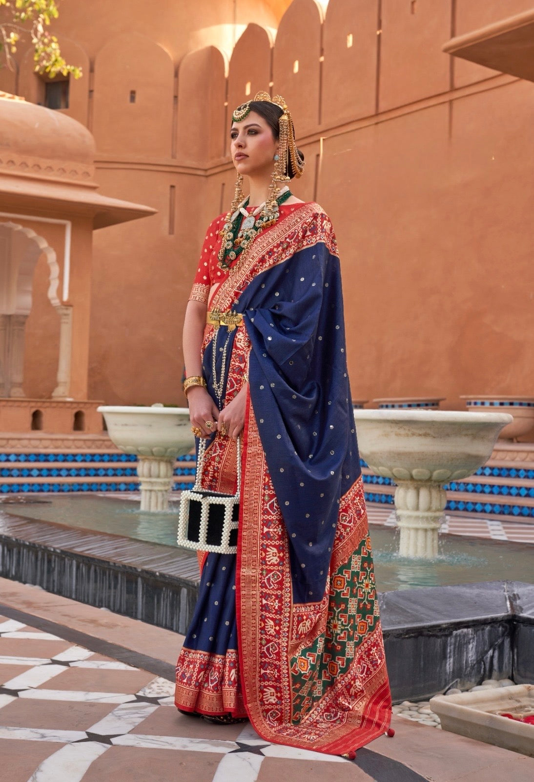 Navy Blue Color Patola Silk Readymade/Easy Saree