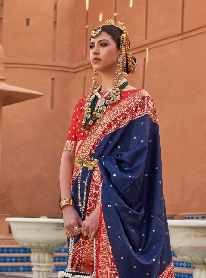 Navy Blue Color Patola Silk Readymade/Easy Saree