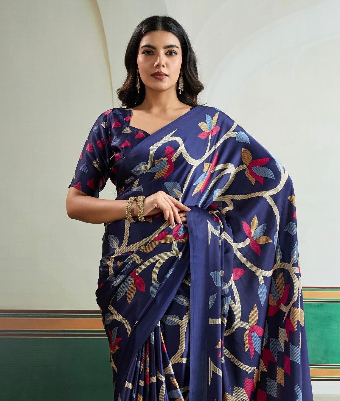 Blue Crepe Silk Readymade/Easy Saree