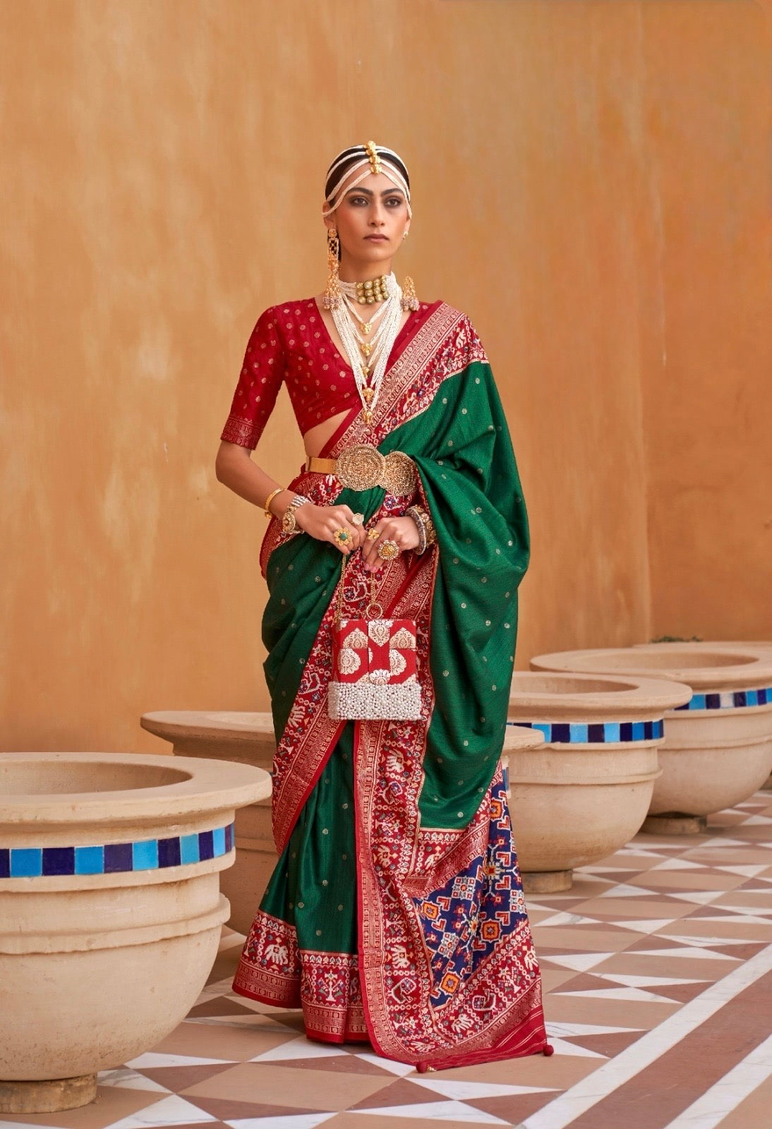 Bottle Green Color Patola Silk Readymade/Easy Saree
