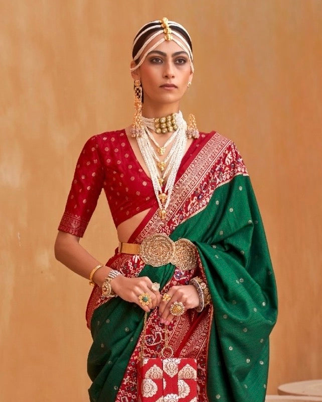 Bottle Green Color Patola Silk Readymade/Easy Saree