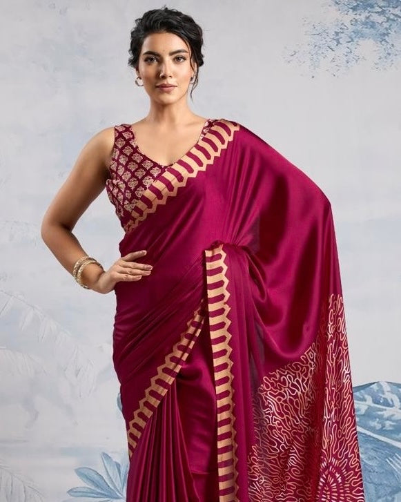 Plain Maroon Readymade Crepe Silk Saree
