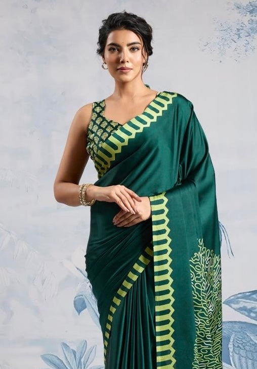 Plain Green Readymade Crepe Silk Saree