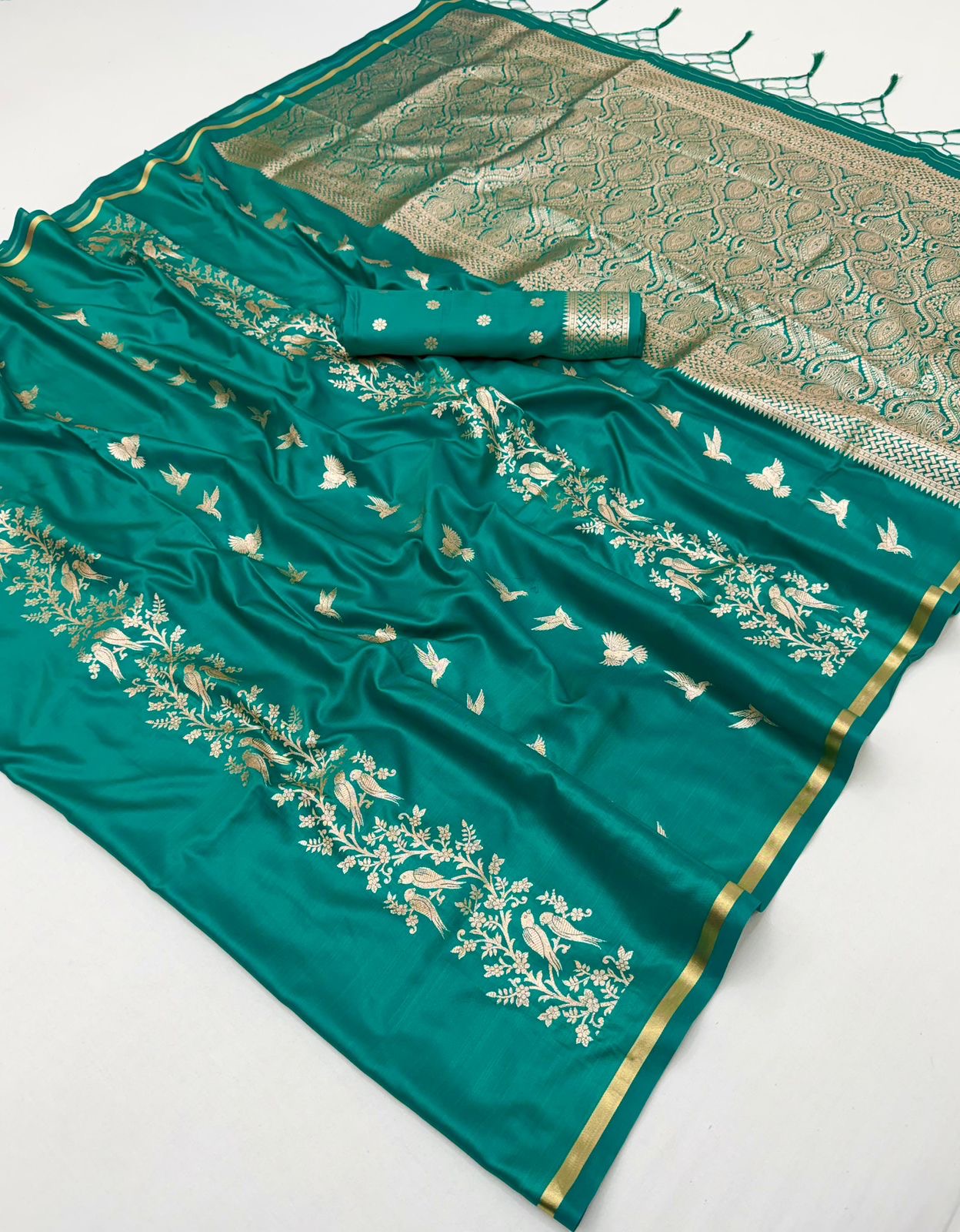 Teal Green Satin Silk Readymade/Easy Saree - Panaash Saree