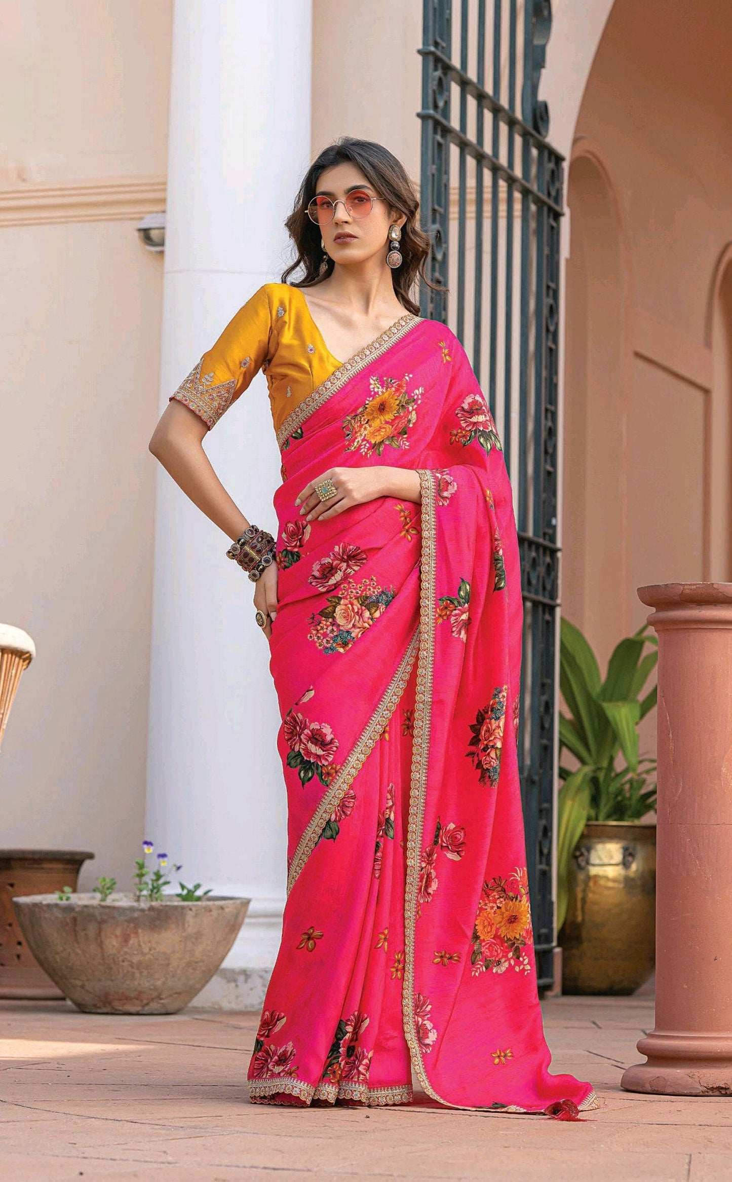 Pink Floral Soft Silk Readymade/Easy Saree