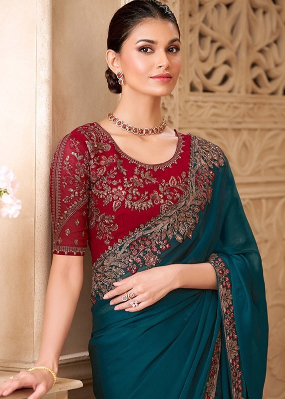 Dark Green Cocktail Party Wear Readymade Saree
