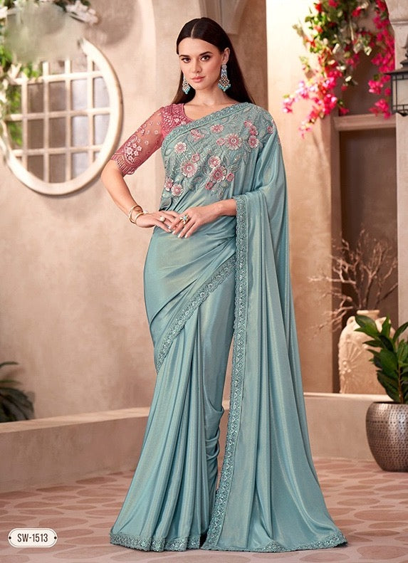 Pastel Blue Cocktail Party Wear Readymade Saree