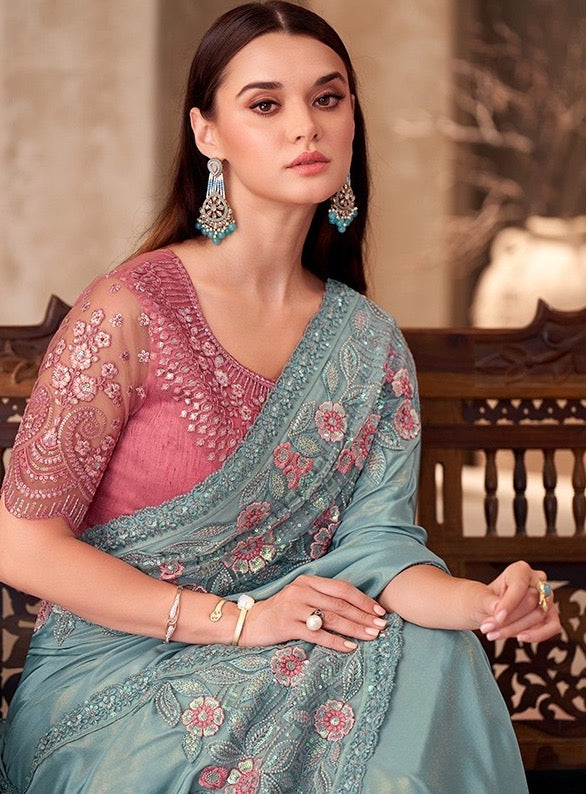 Pastel Blue Cocktail Party Wear Readymade Saree