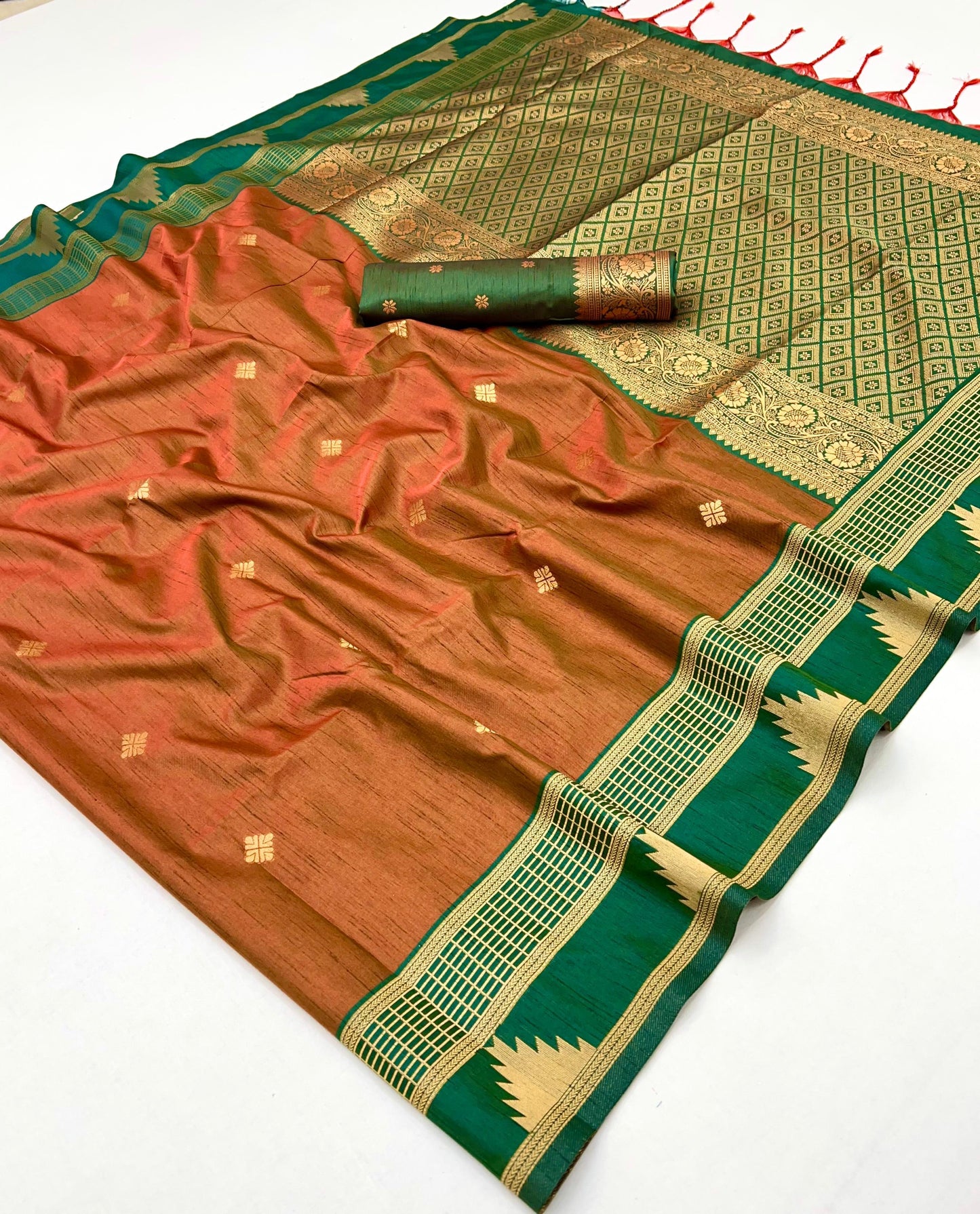 Rust Color Tussar Silk Readymade/Easy Saree