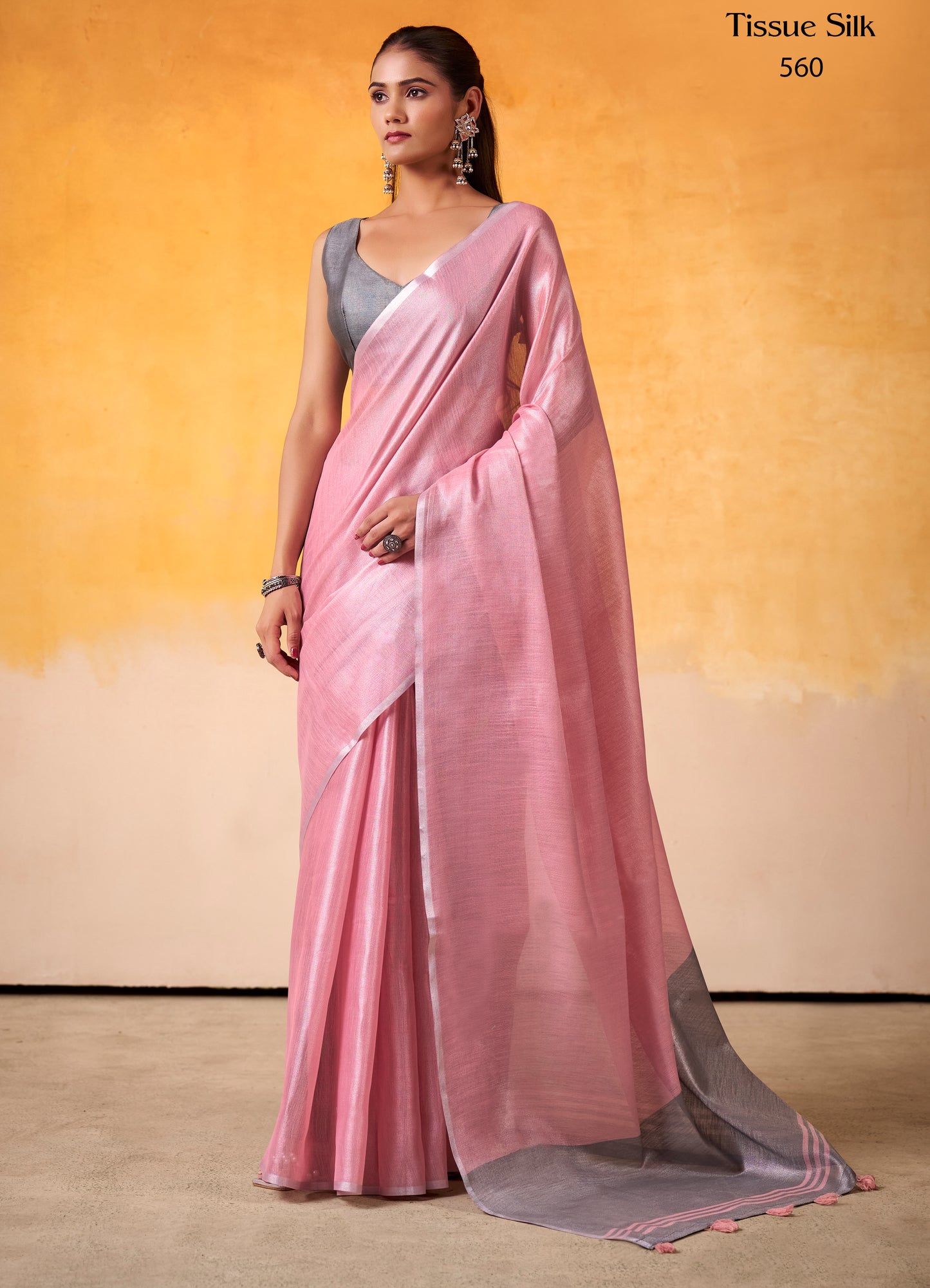 Pink Tissue Silk Readymade/Easy Saree