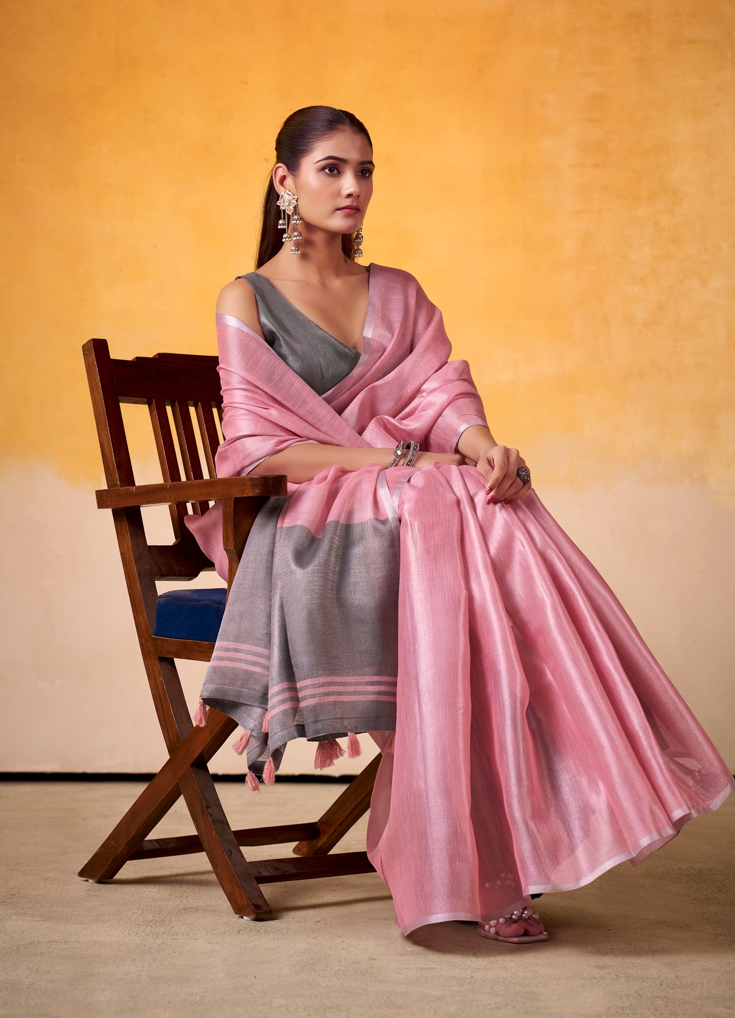 Pink Tissue Silk Readymade/Easy Saree