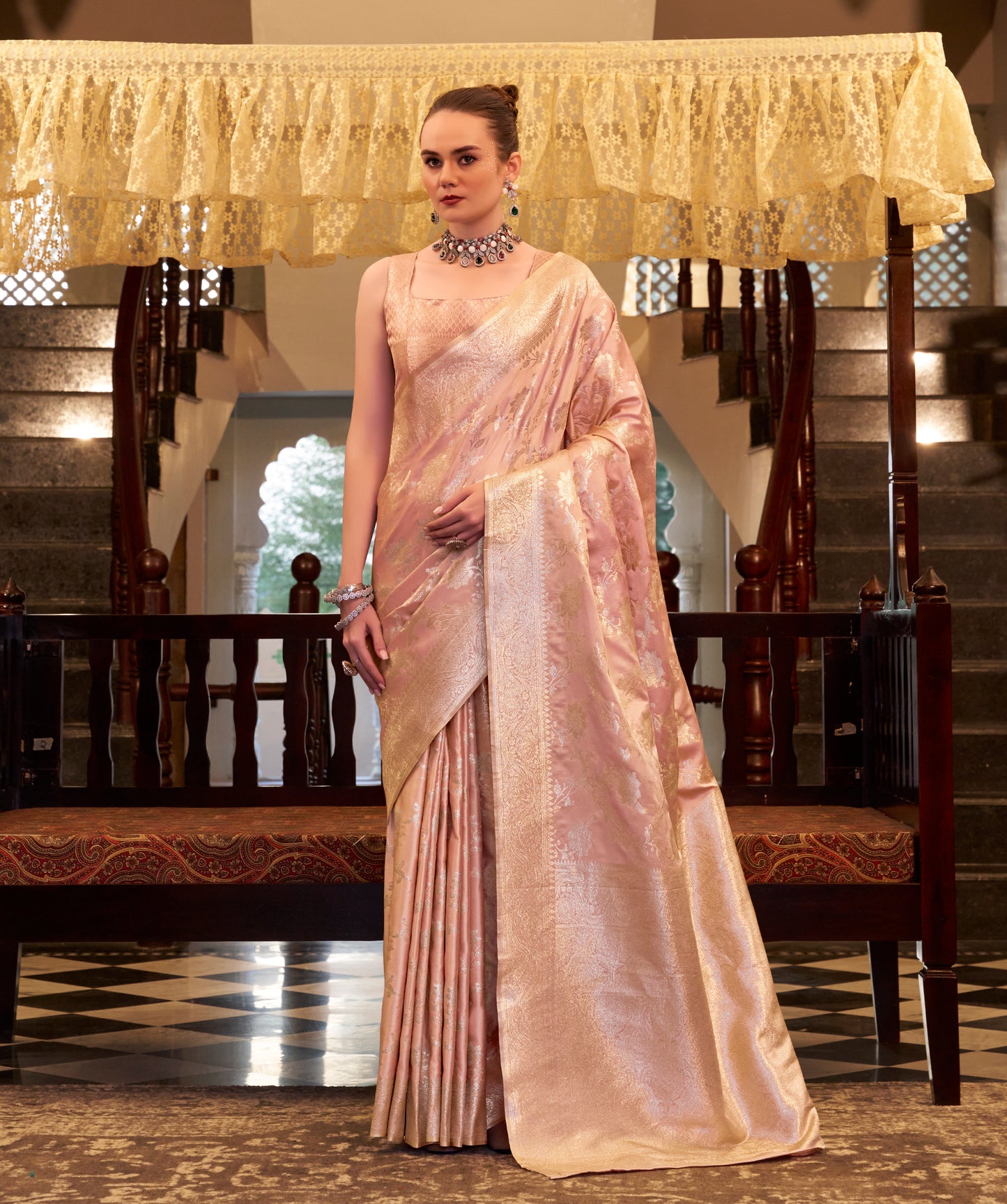 Peach Color Banarasi Silk Readymade/Easy Saree