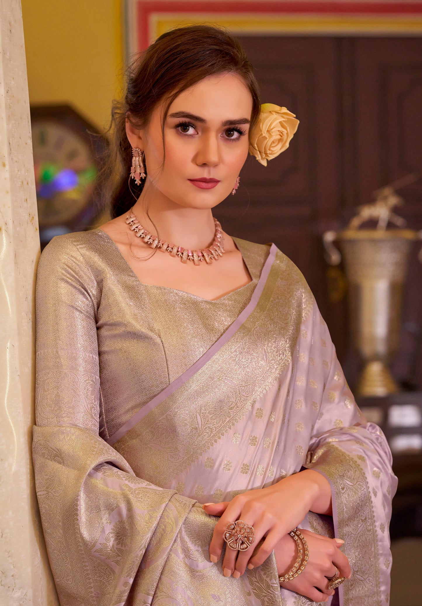 Lavender Satin Banarasi Silk Readymade/Easy Saree