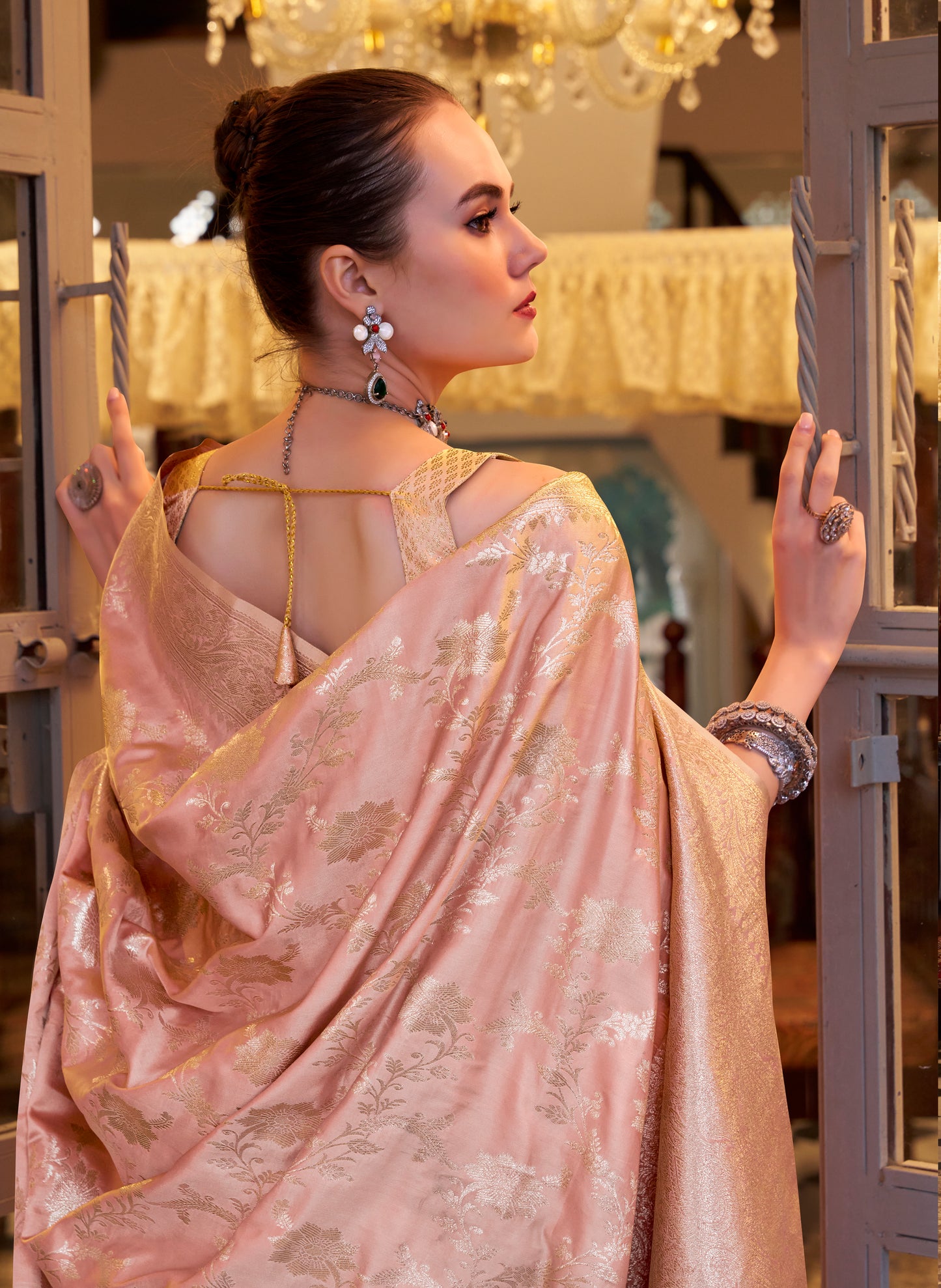 Peach Color Banarasi Silk Readymade/Easy Saree