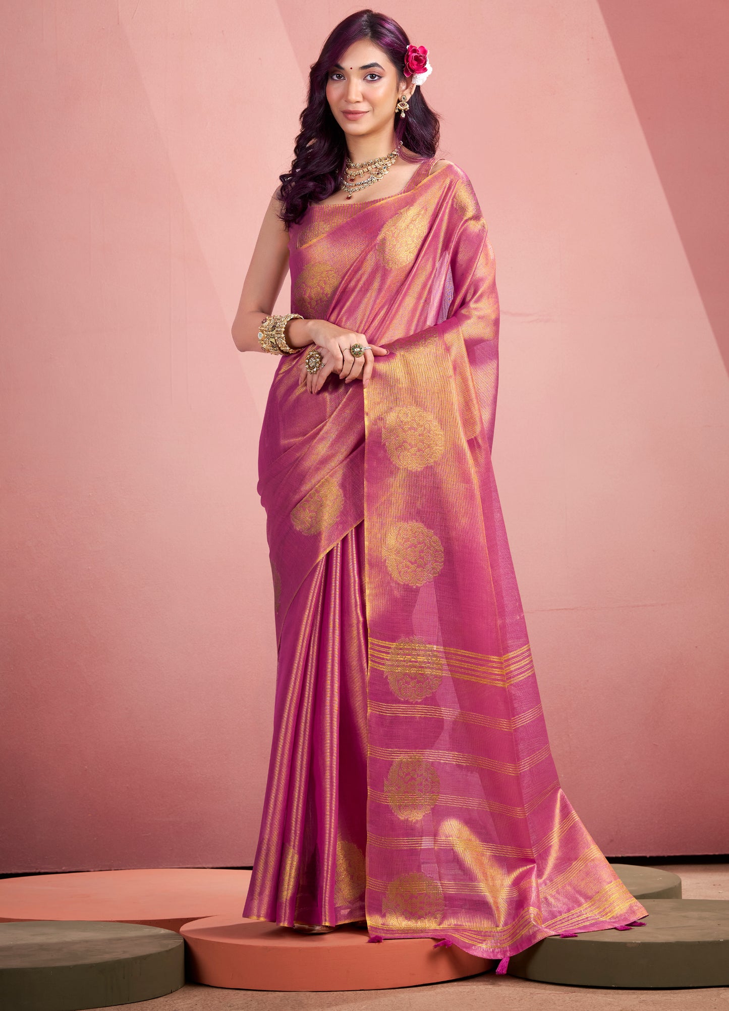 Pink Tissue Silk Readymade/Easy Saree