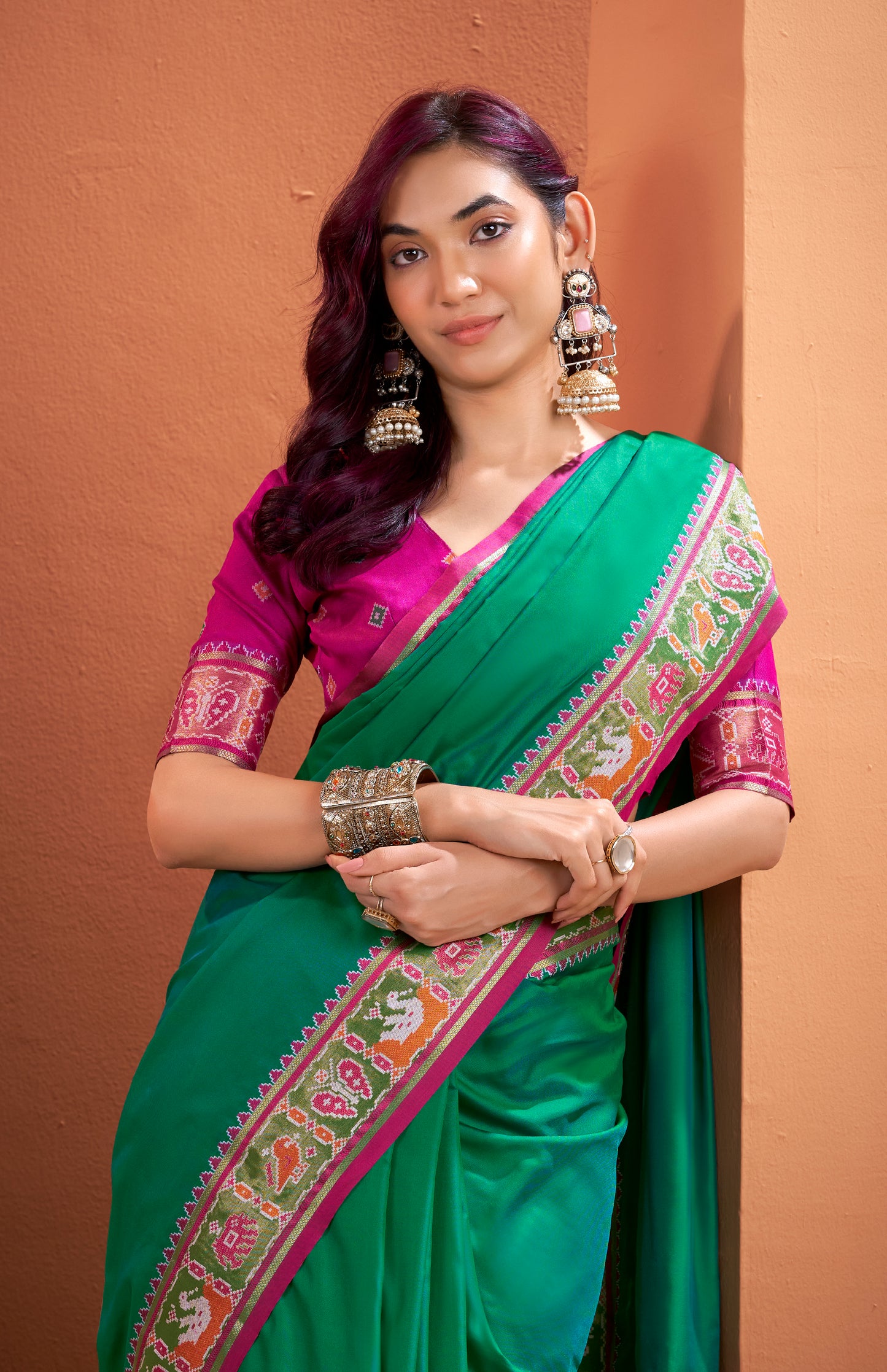 Green Soft Patola Silk Readymade/Easy Saree