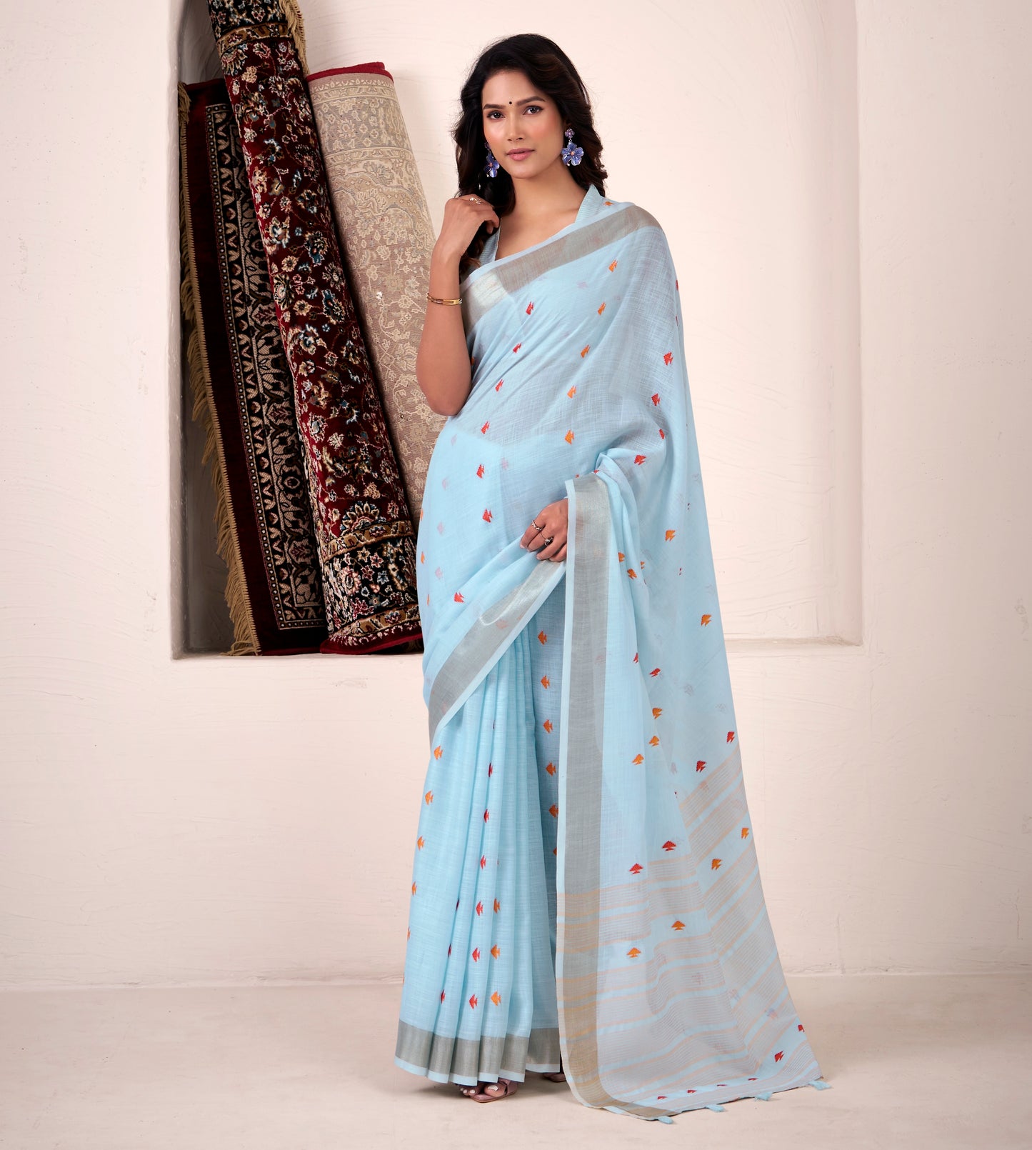 Sky Blue Linen Silk Office Wear Easy/Readymade Saree