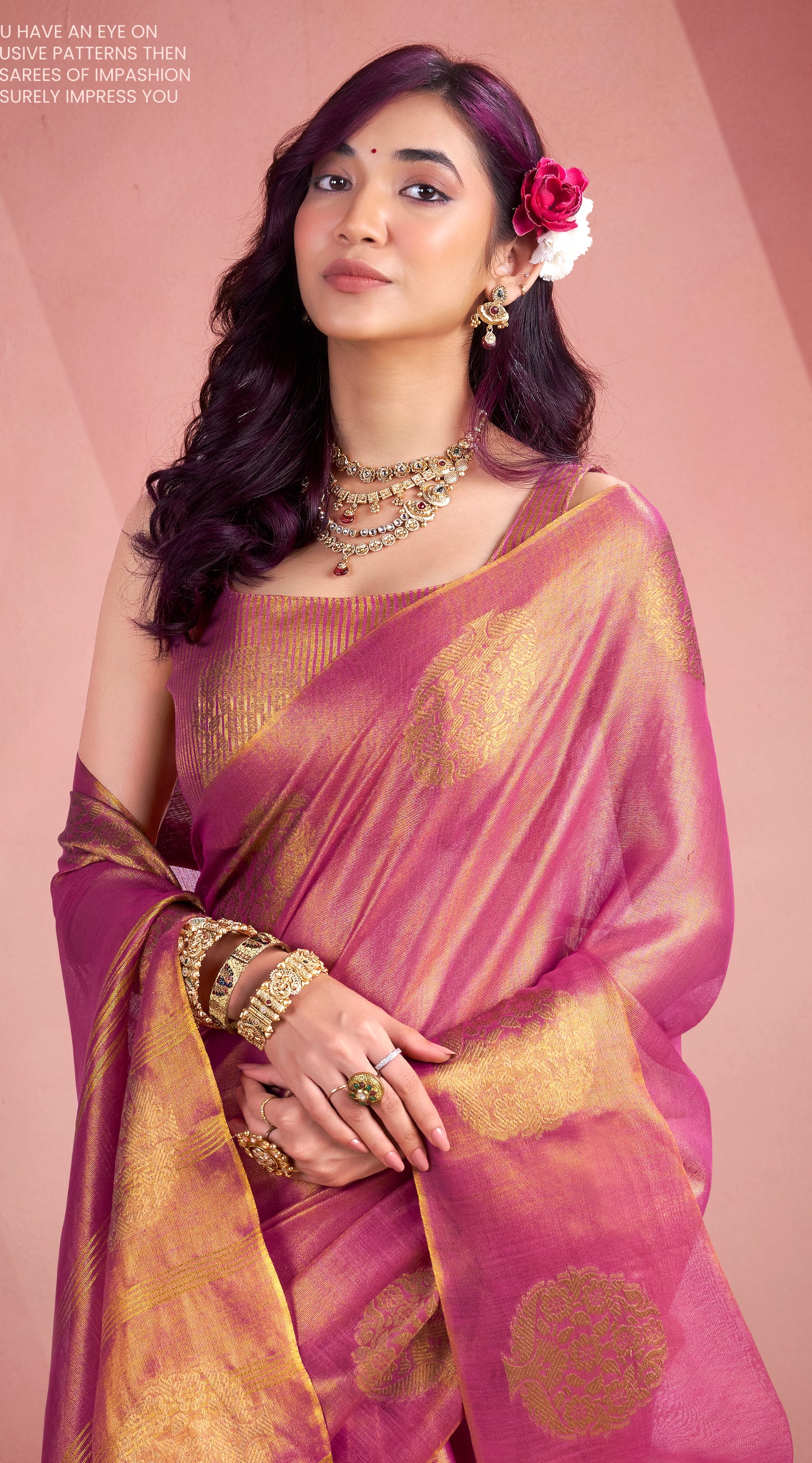 Pink Tissue Silk Readymade/Easy Saree