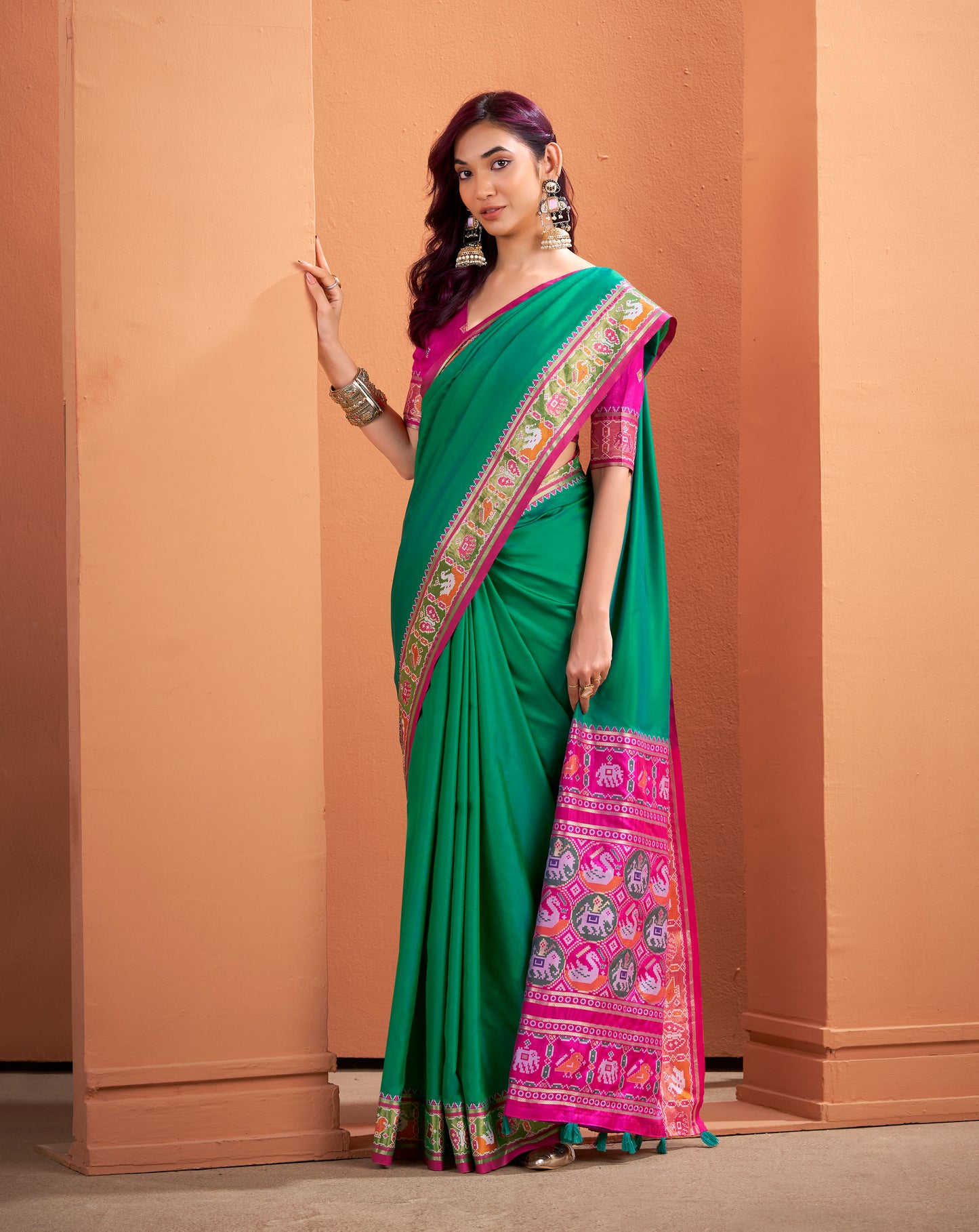 Green Soft Patola Silk Readymade/Easy Saree