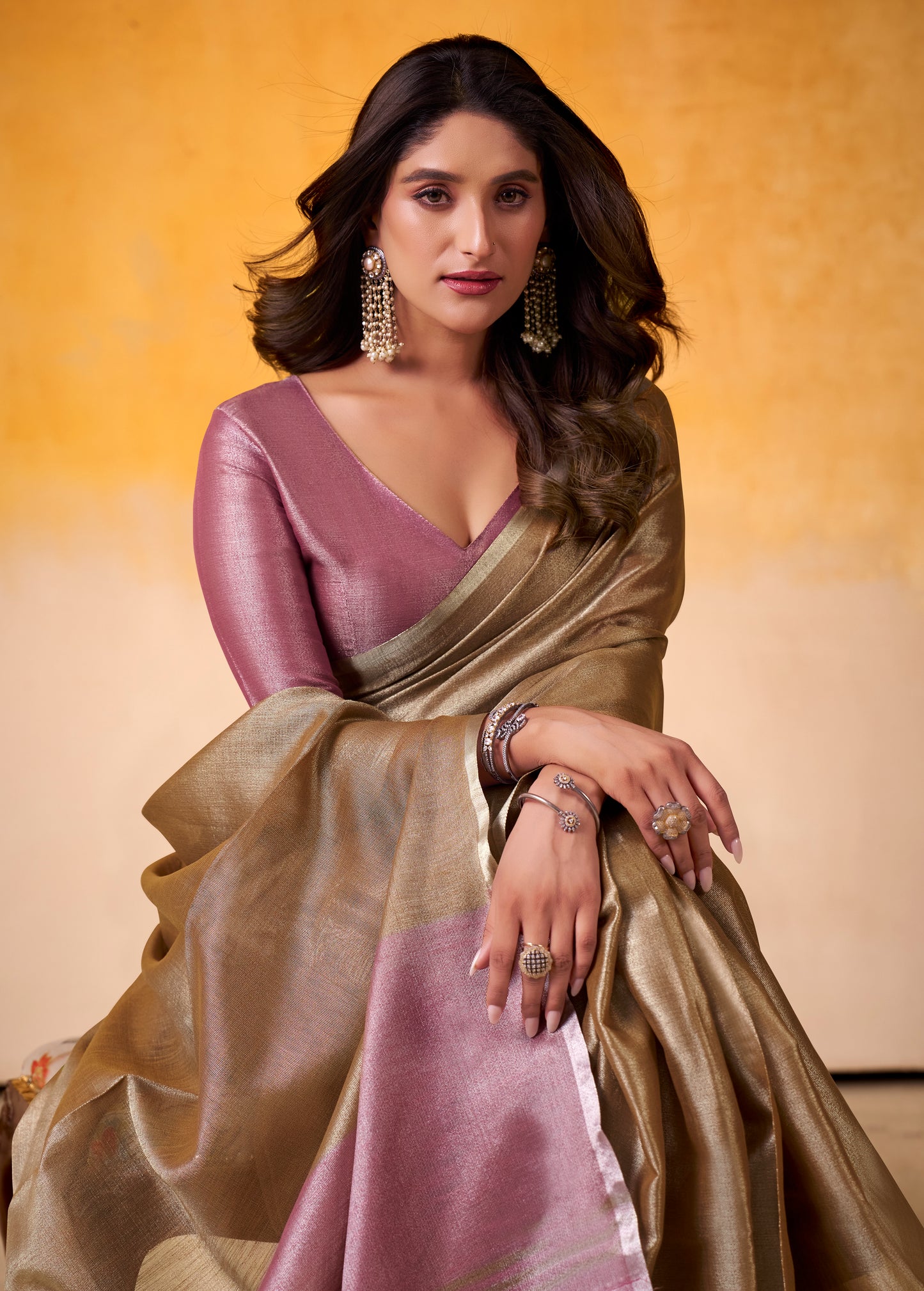 Bronze Color Tissue Silk Readymade/Easy Saree