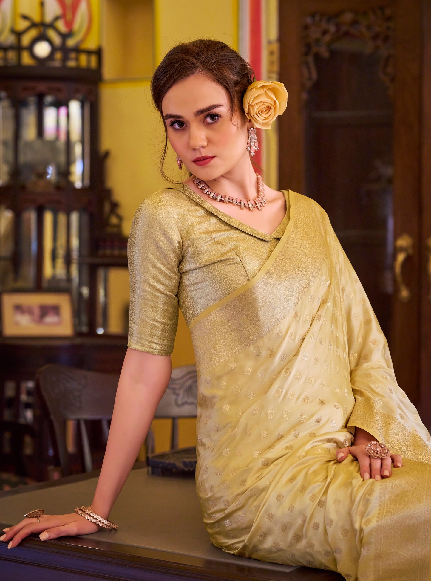 Golden Satin Banarasi Silk Readymade/Easy Saree