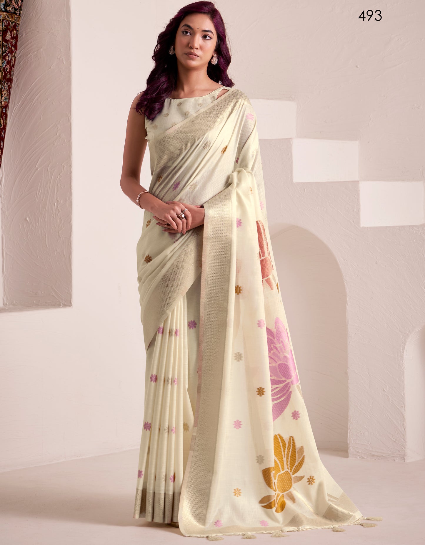 Off-White Linen Office Wear Readymade/Easy Saree