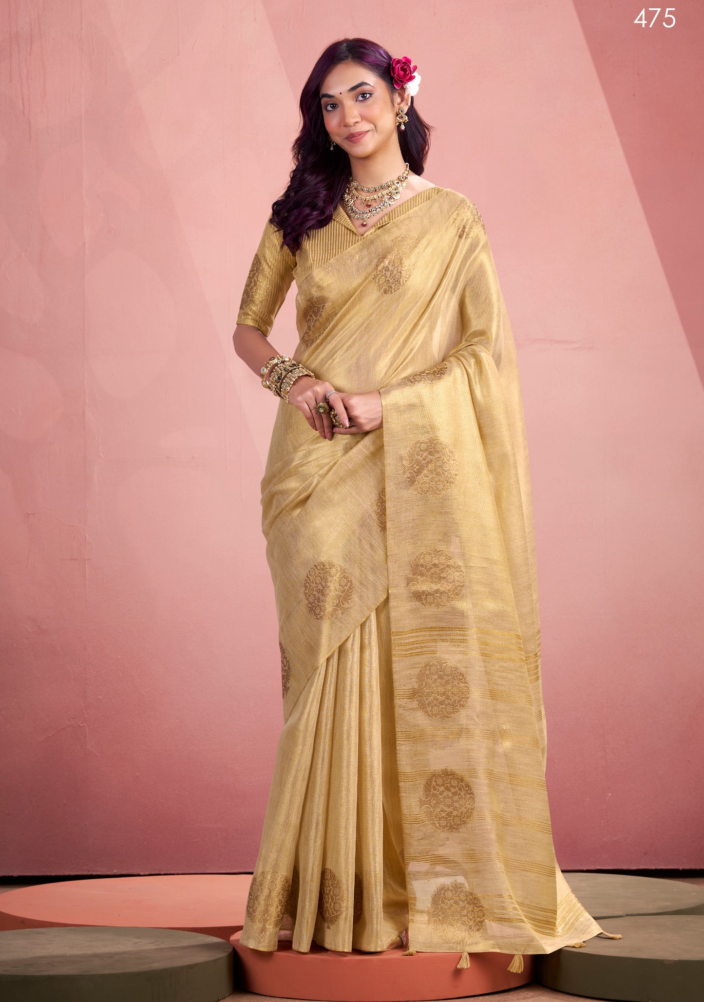 Beige Tissue Silk Readymade/Easy Saree
