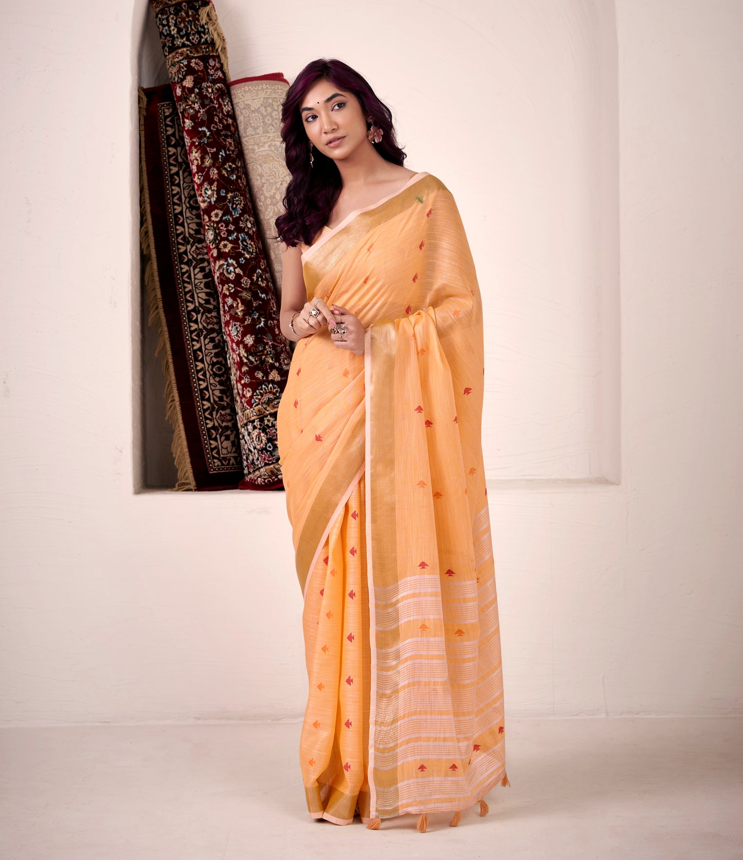 Orange Linen Silk Office Wear Easy/Readymade Saree