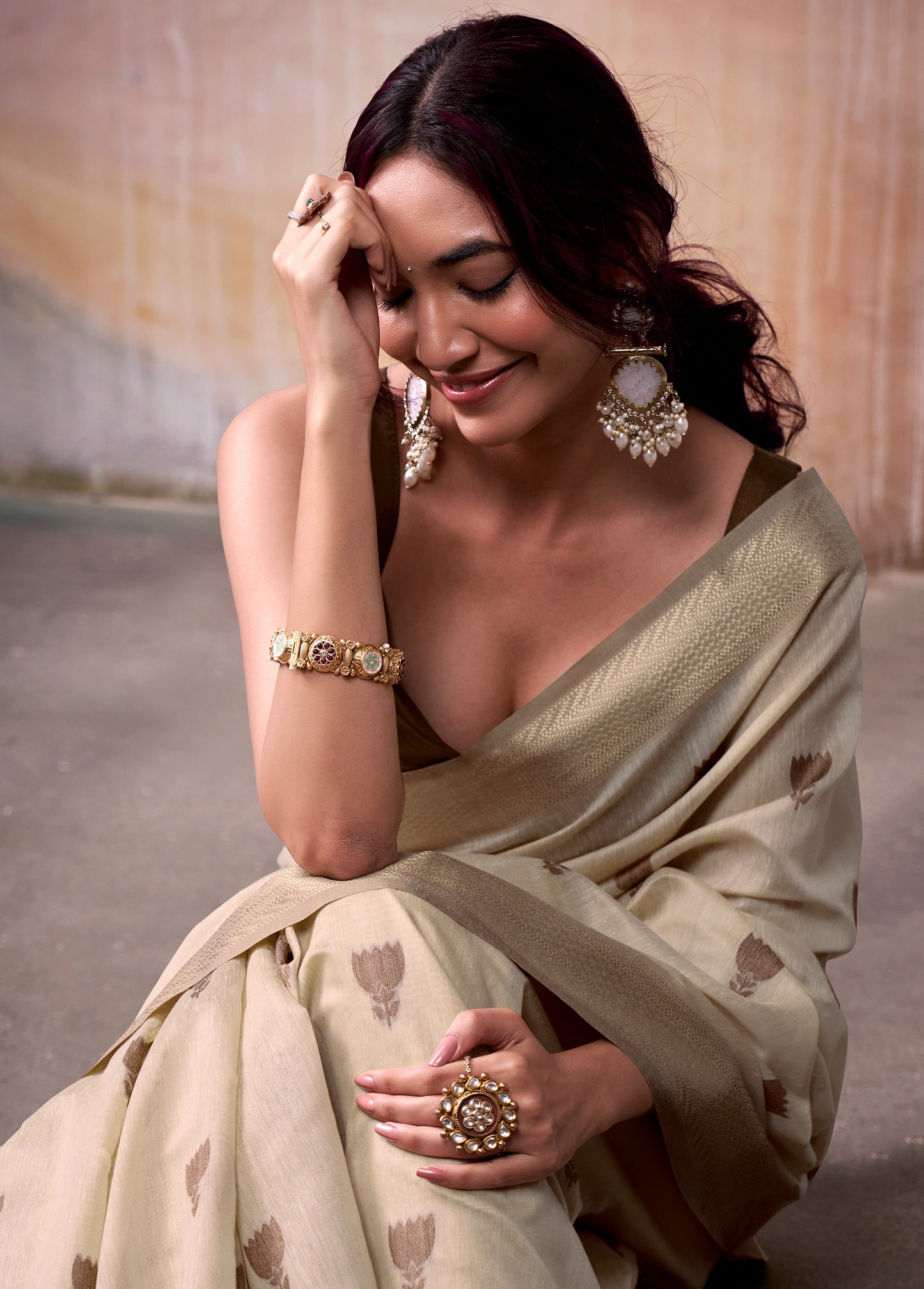 Beige Modal Cotton Office Wear Easy/Readymade Saree