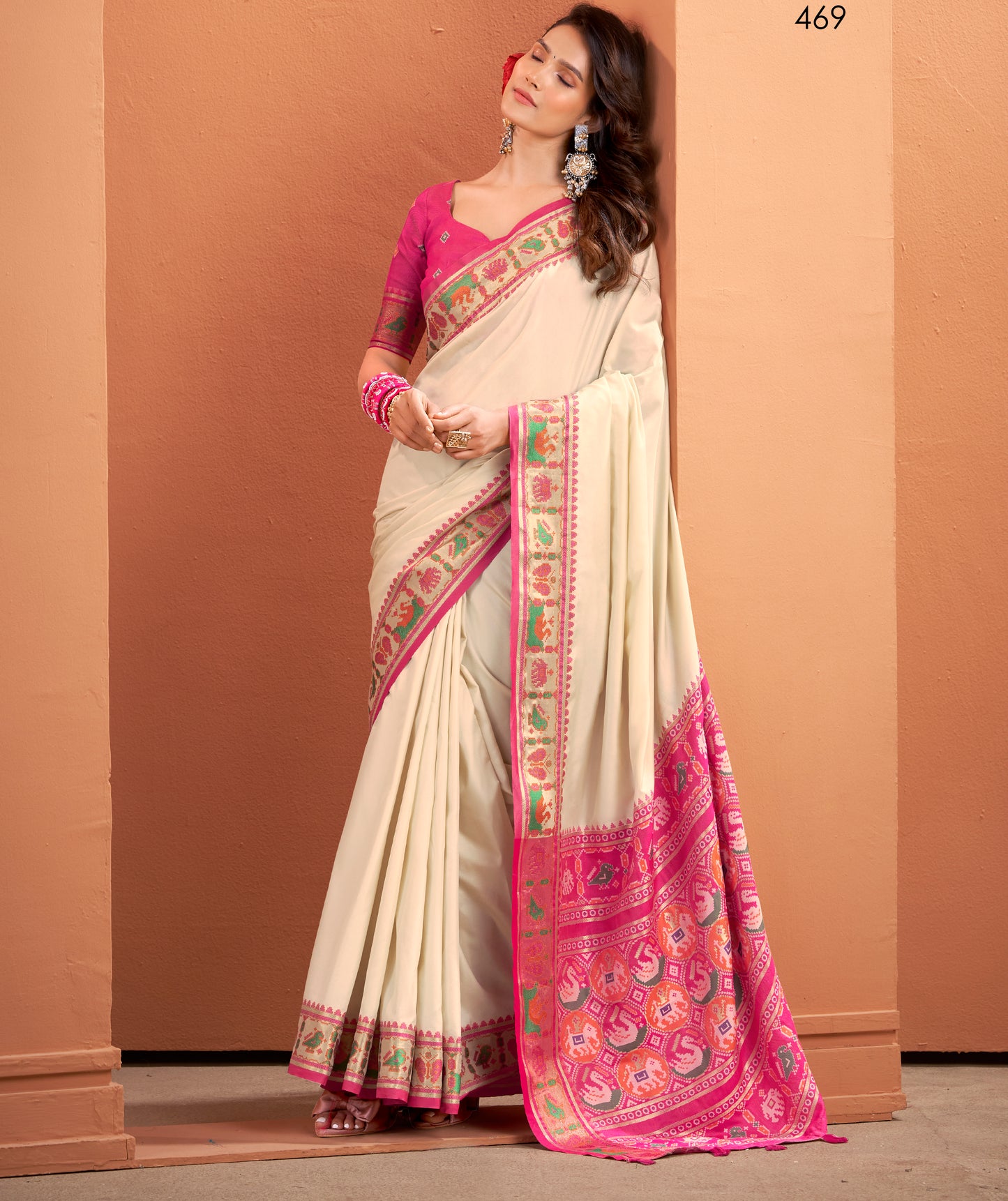 Off-White Soft Patola Silk Readymade/Easy Saree