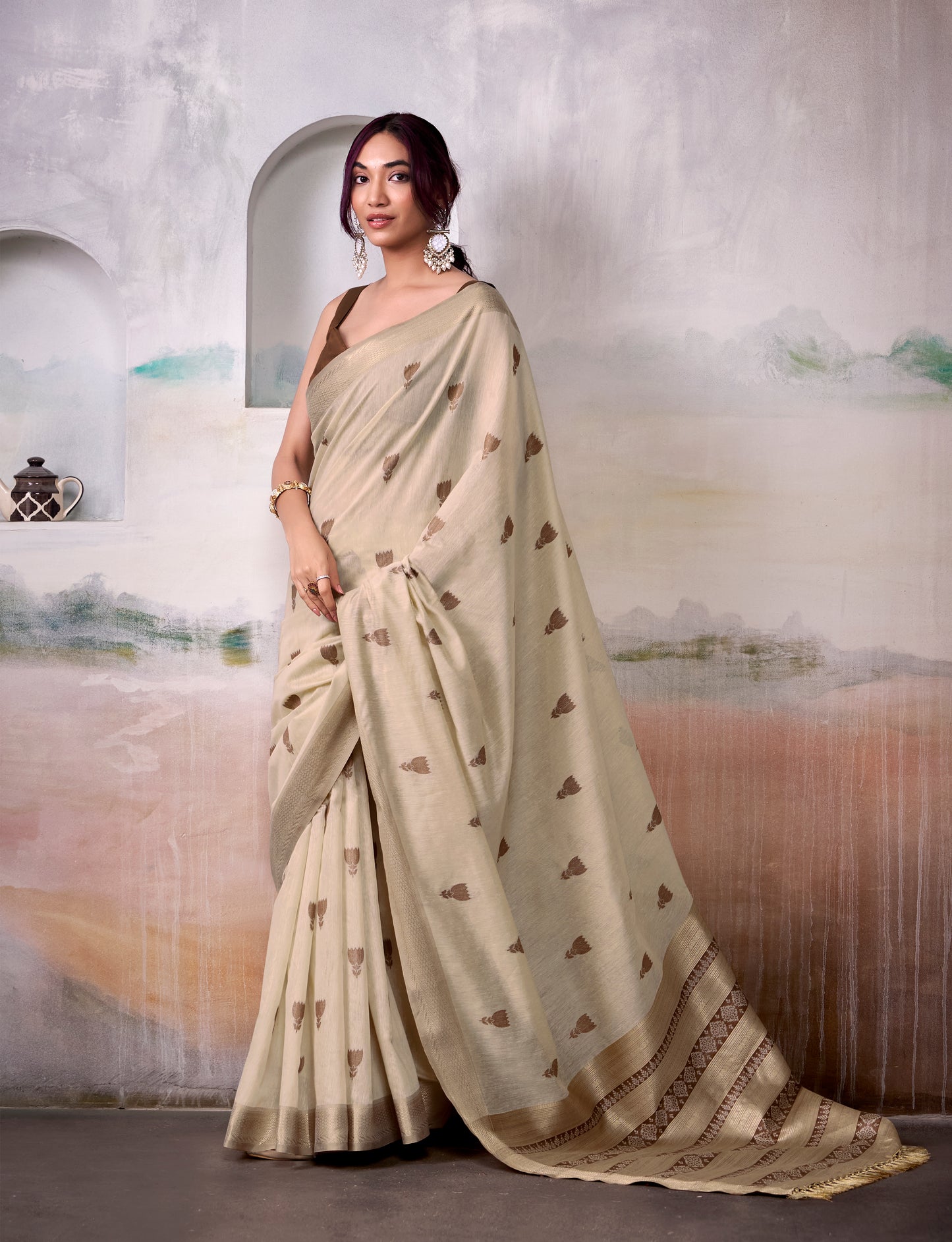 Beige Modal Cotton Office Wear Easy/Readymade Saree