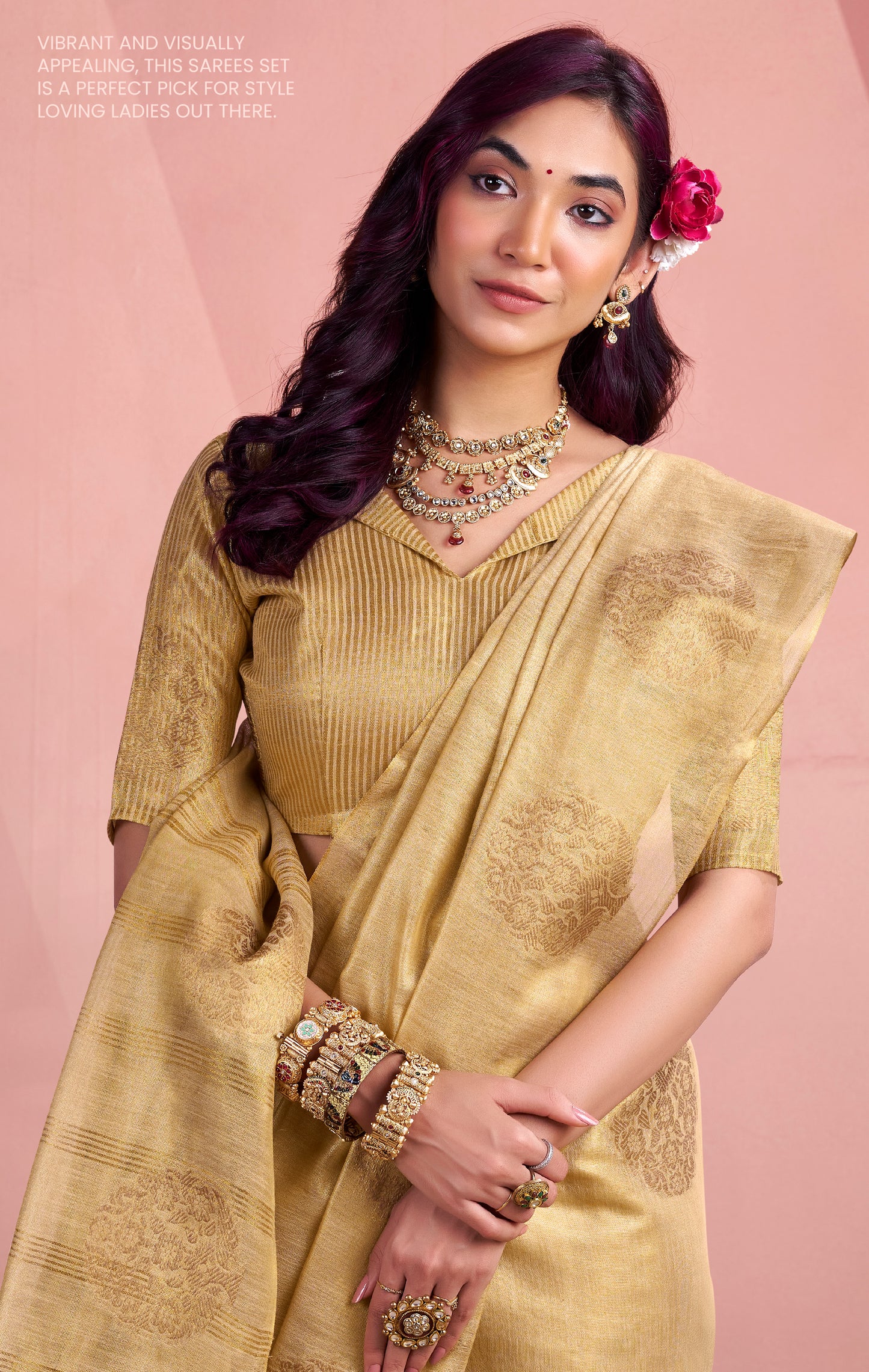 Beige Tissue Silk Readymade/Easy Saree