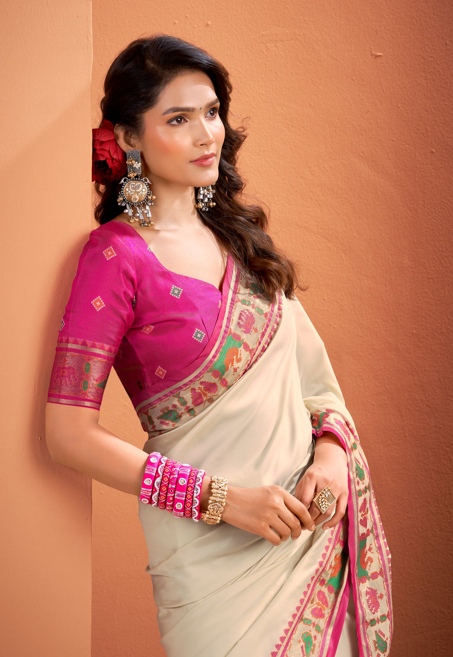 Off-White Soft Patola Silk Readymade/Easy Saree