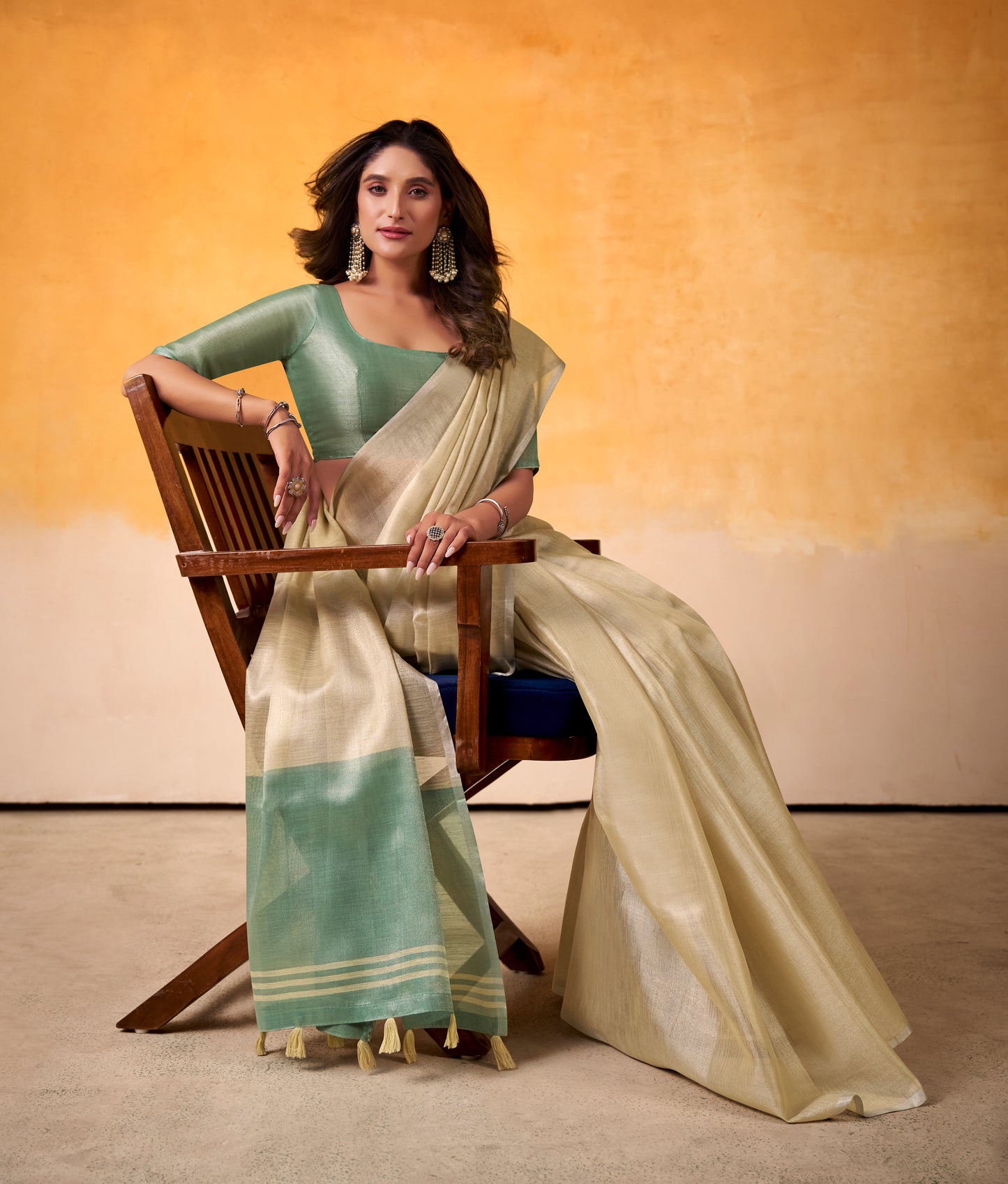 Cream Color Tissue Silk Readymade/Easy Saree
