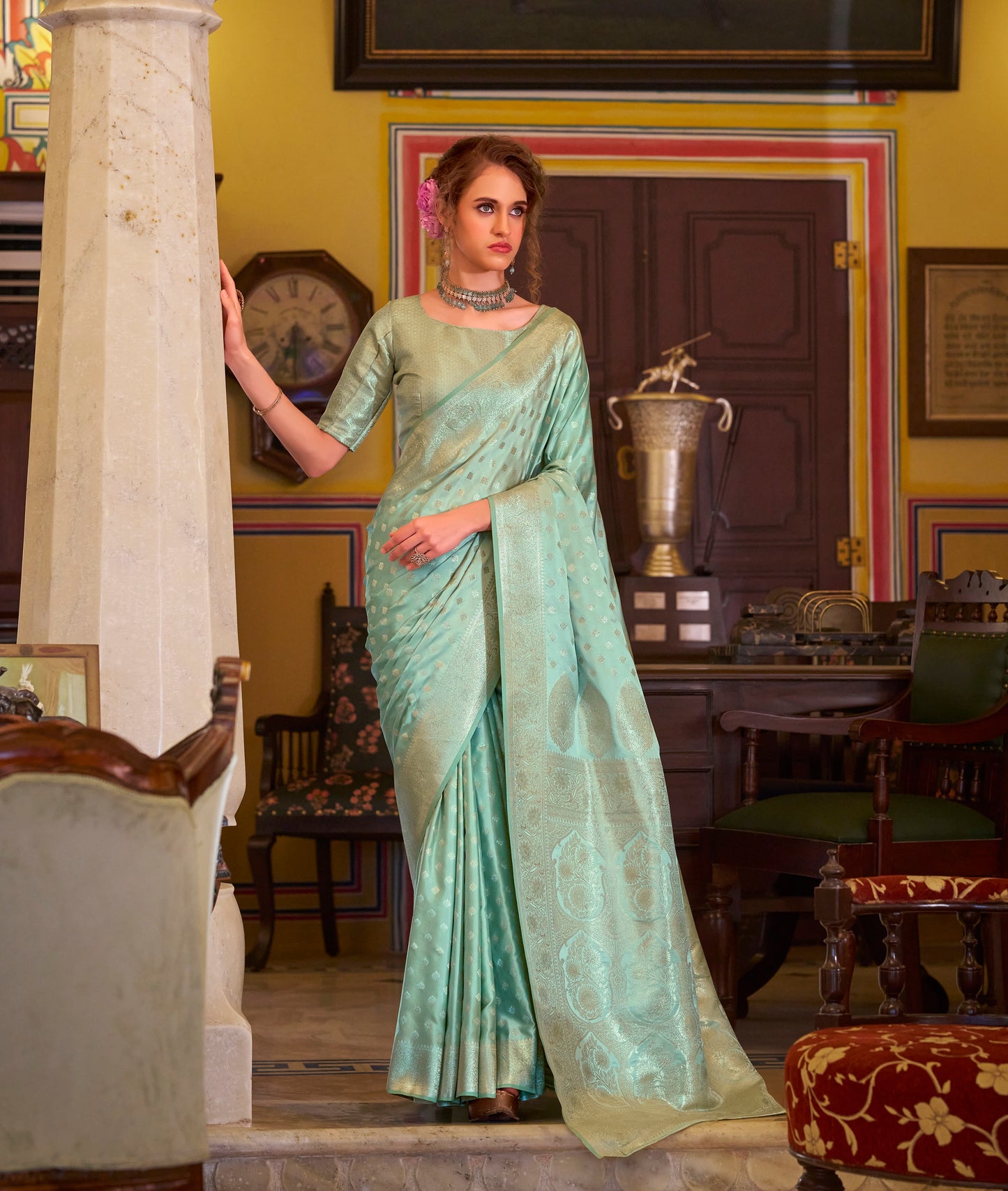 Sea Green Satin Banarasi Silk Readymade/Easy Saree