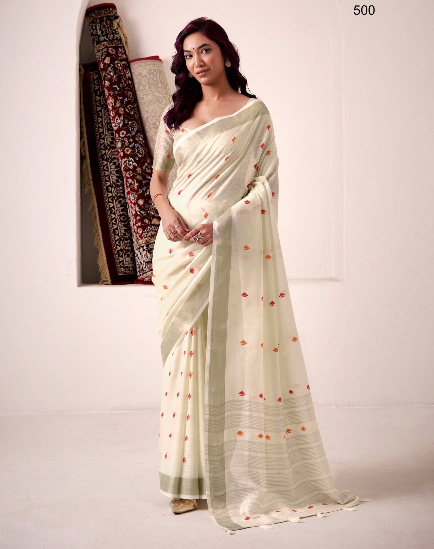 Off-White Linen Silk Office Wear Easy/Readymade Saree