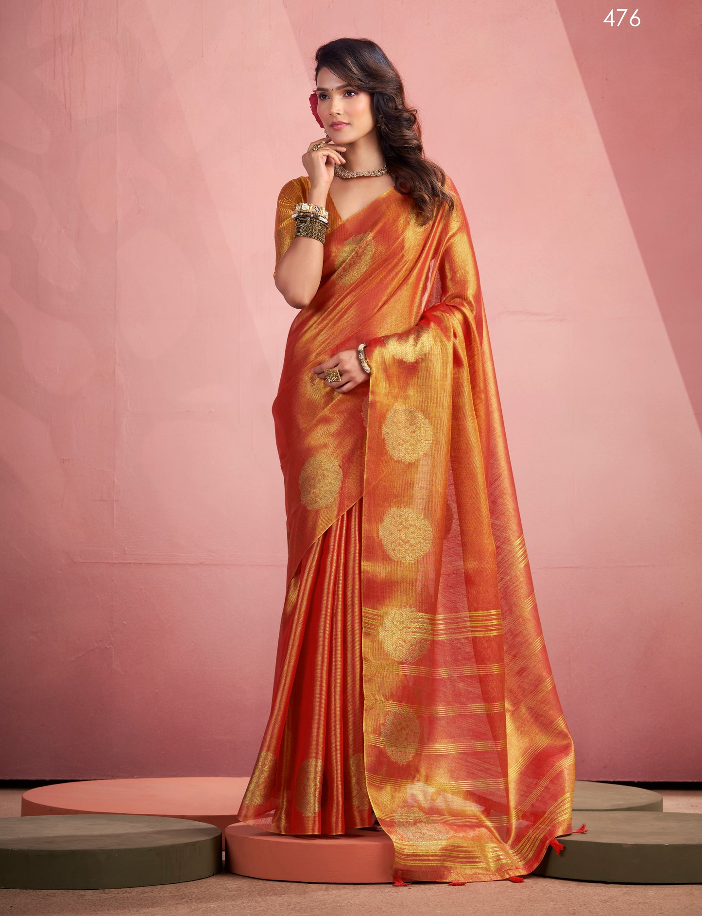 Orange Tissue Silk Readymade/Easy Saree