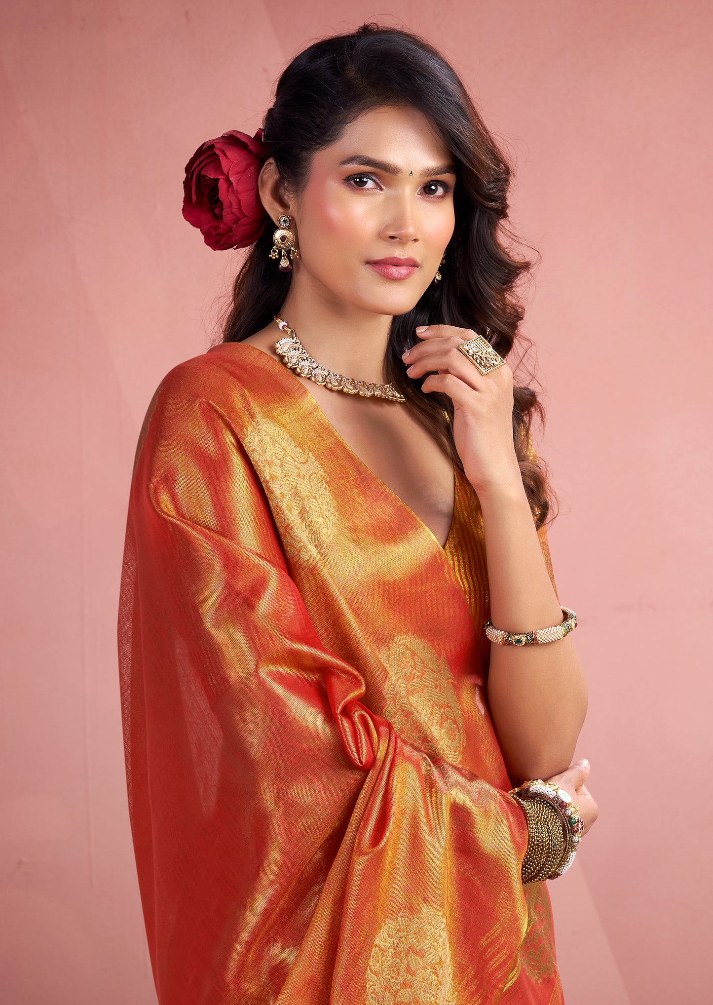 Orange Tissue Silk Readymade/Easy Saree