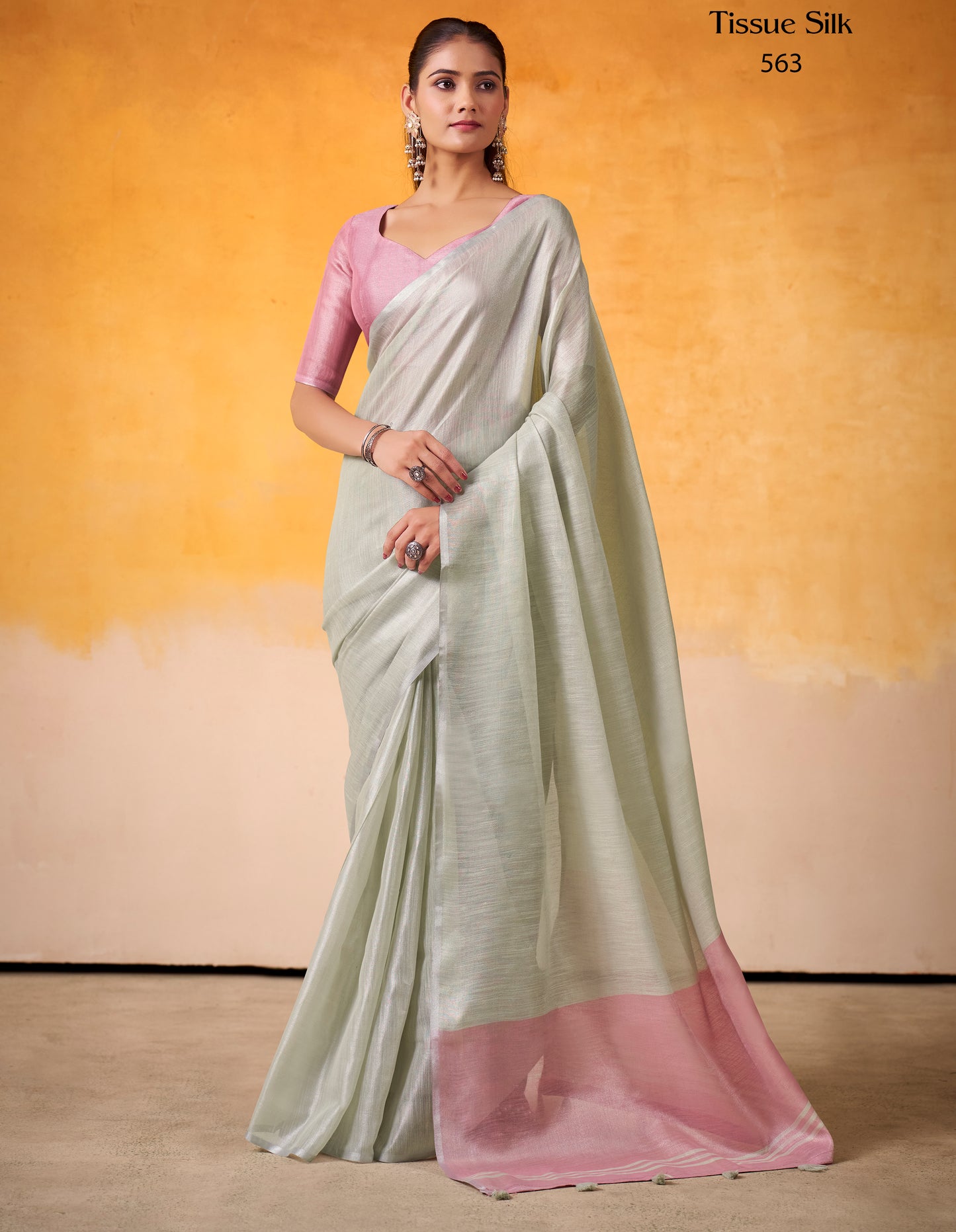 Silver Color Tissue Silk Readymade/Easy Saree