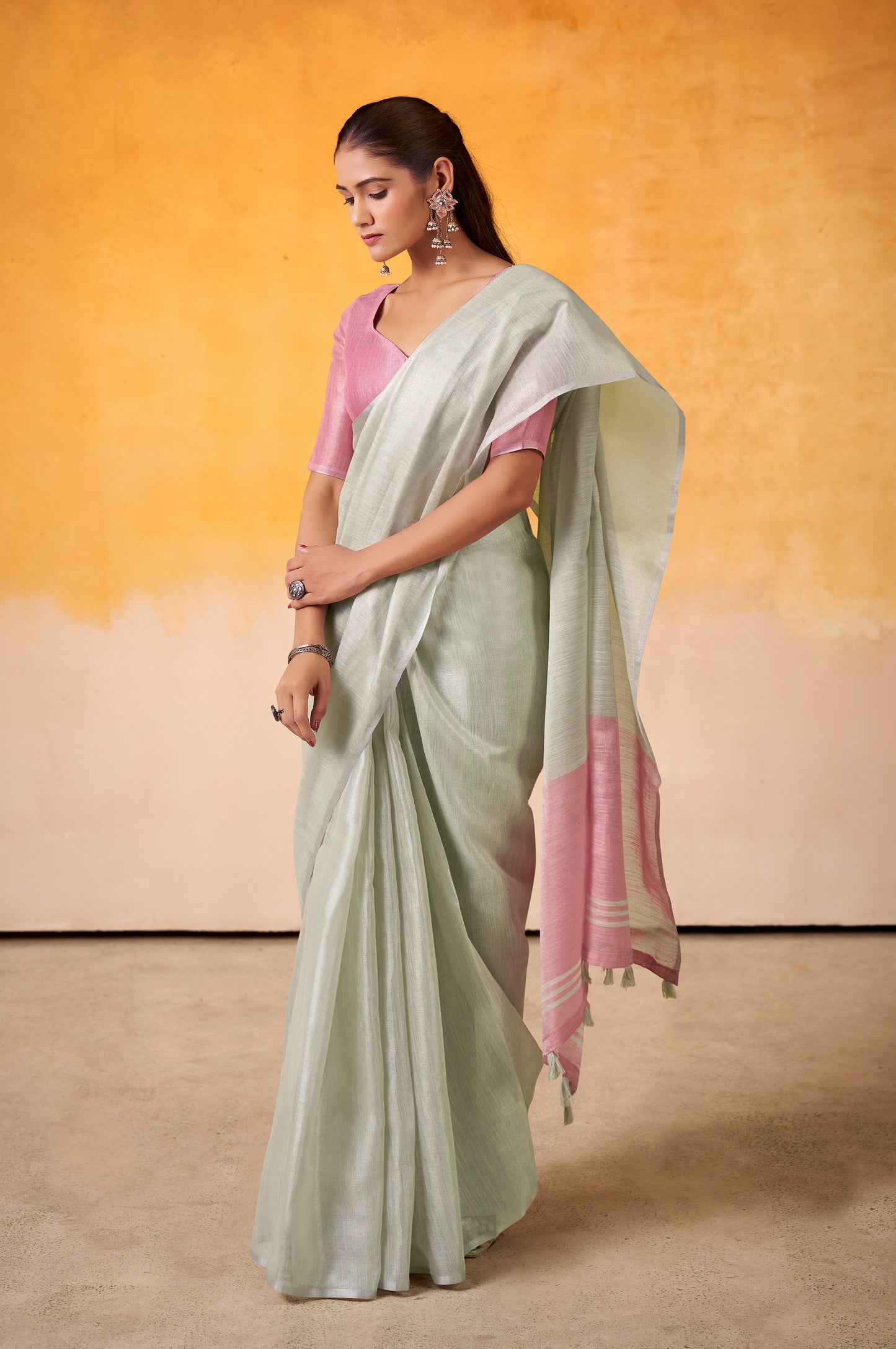 Silver Color Tissue Silk Readymade/Easy Saree