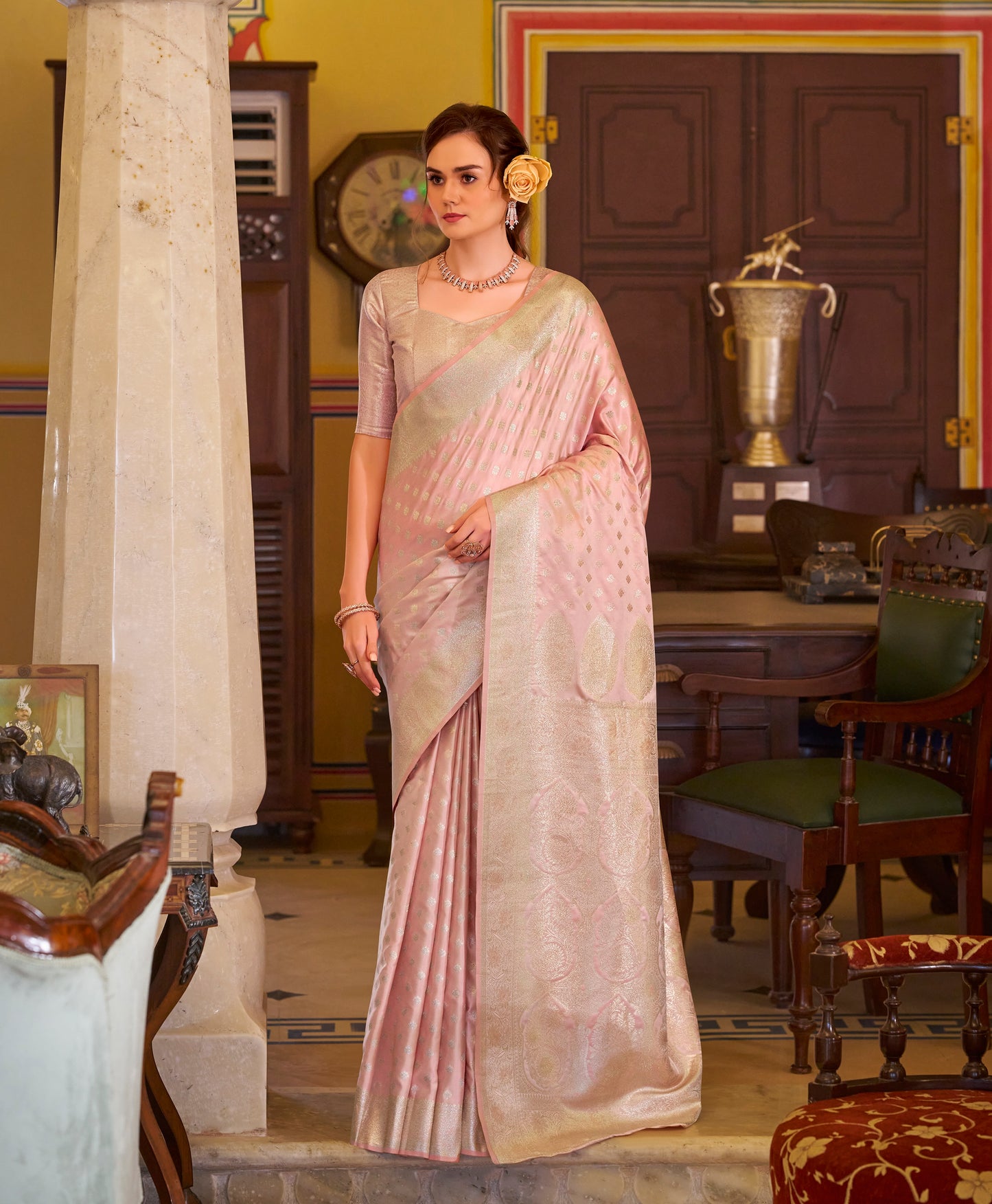Rose Gold Satin Banarasi Silk Readymade/Easy Saree